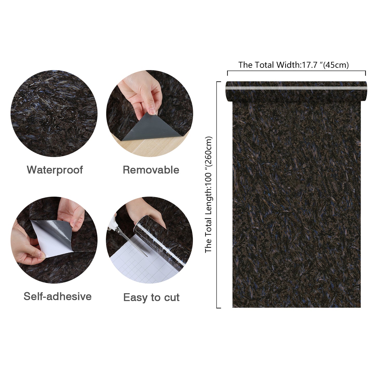 Glossy Black Blue Marble Contact Paper