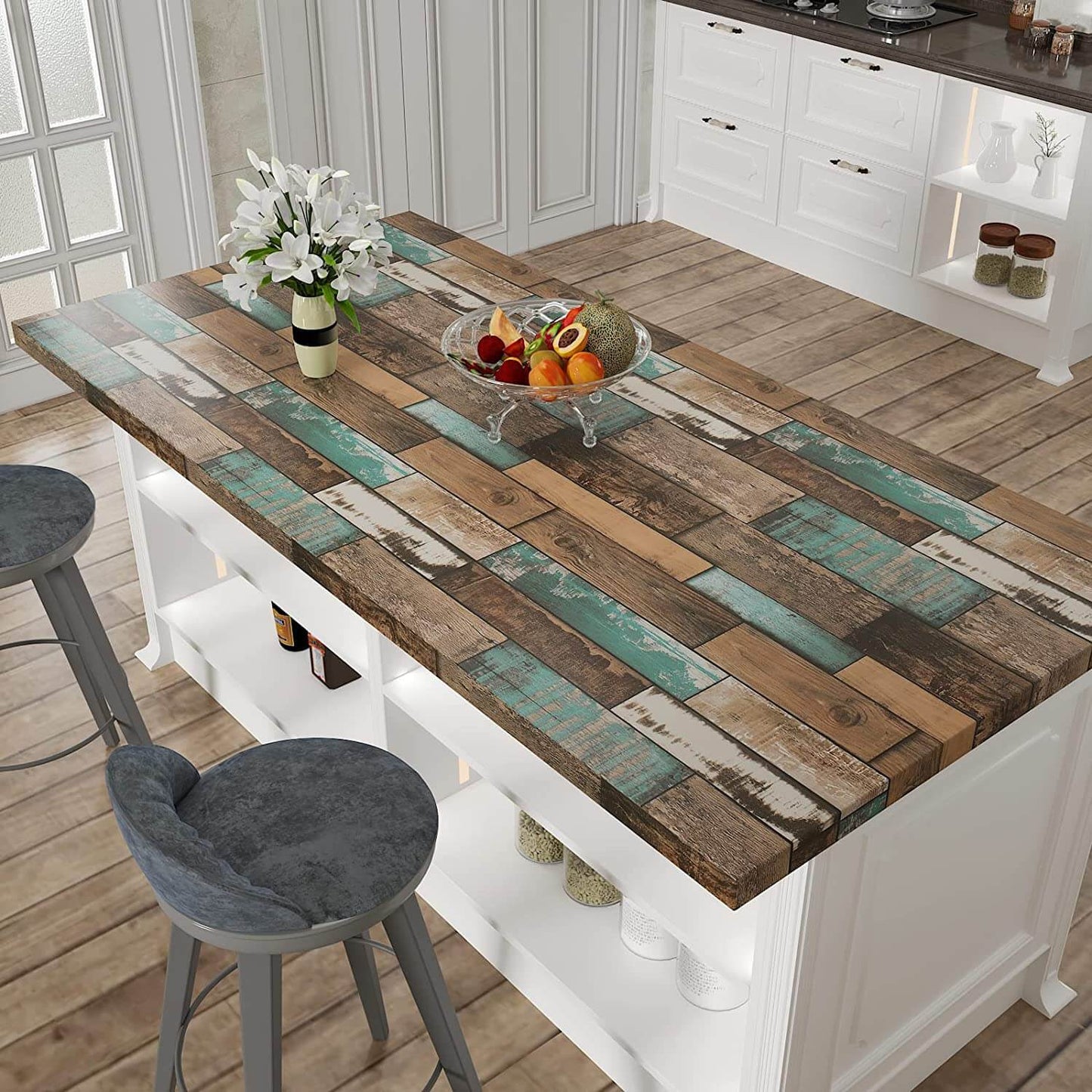 faux-green-and-brown-wood-shiplap-paper-stick-on-kitchen-island-countertops