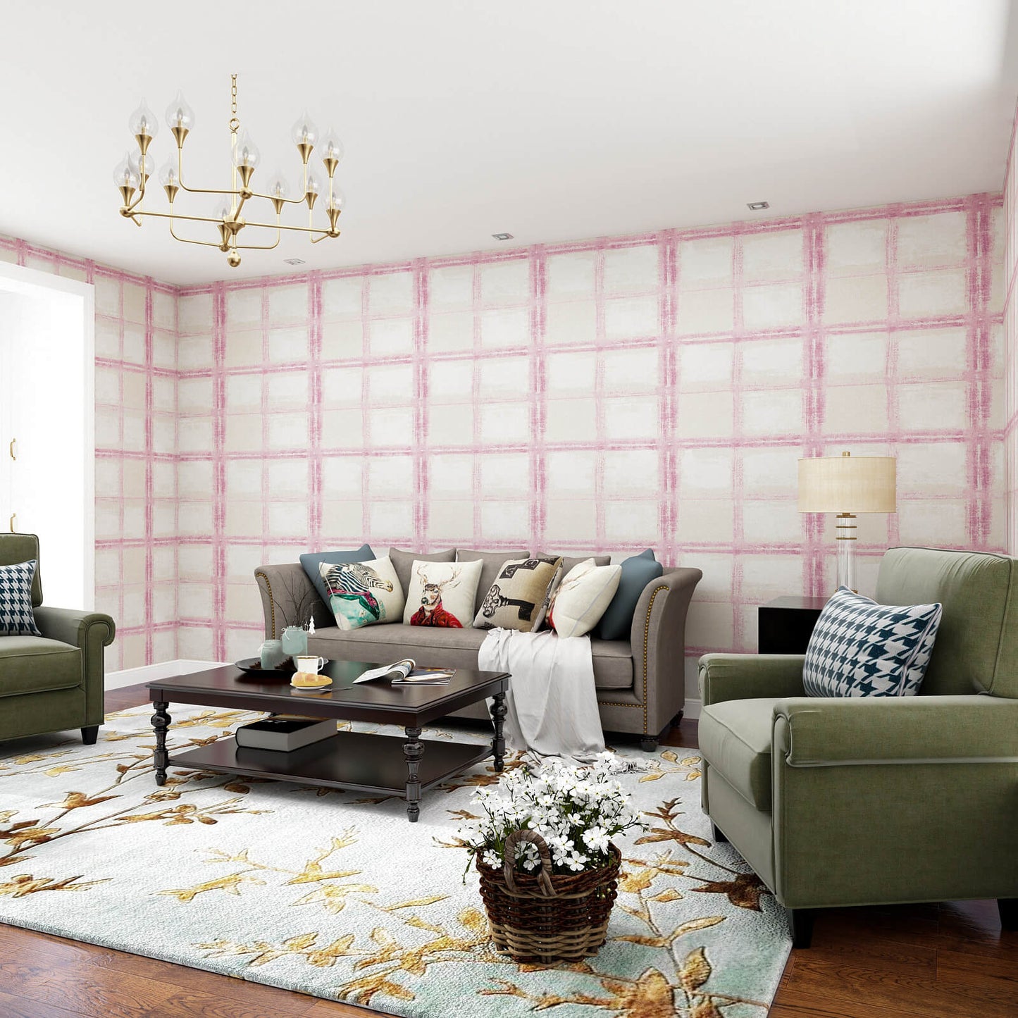 glue-free-pink-plaid-wall-covering-for-living-room