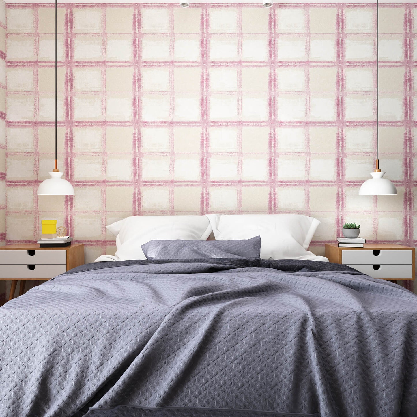 peel-and-stick-bedroom-accent-wall-pink-plaid-pattern