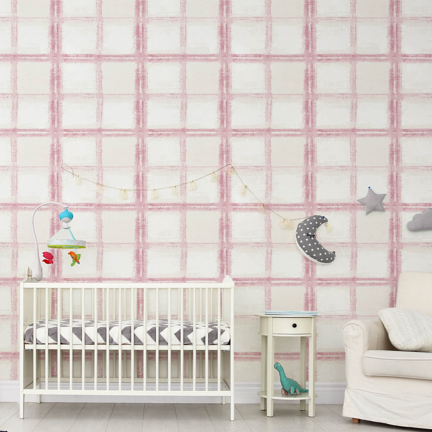 pink-plaid-wallpaper-for-nursery-room-made-of-harmless-vinyl