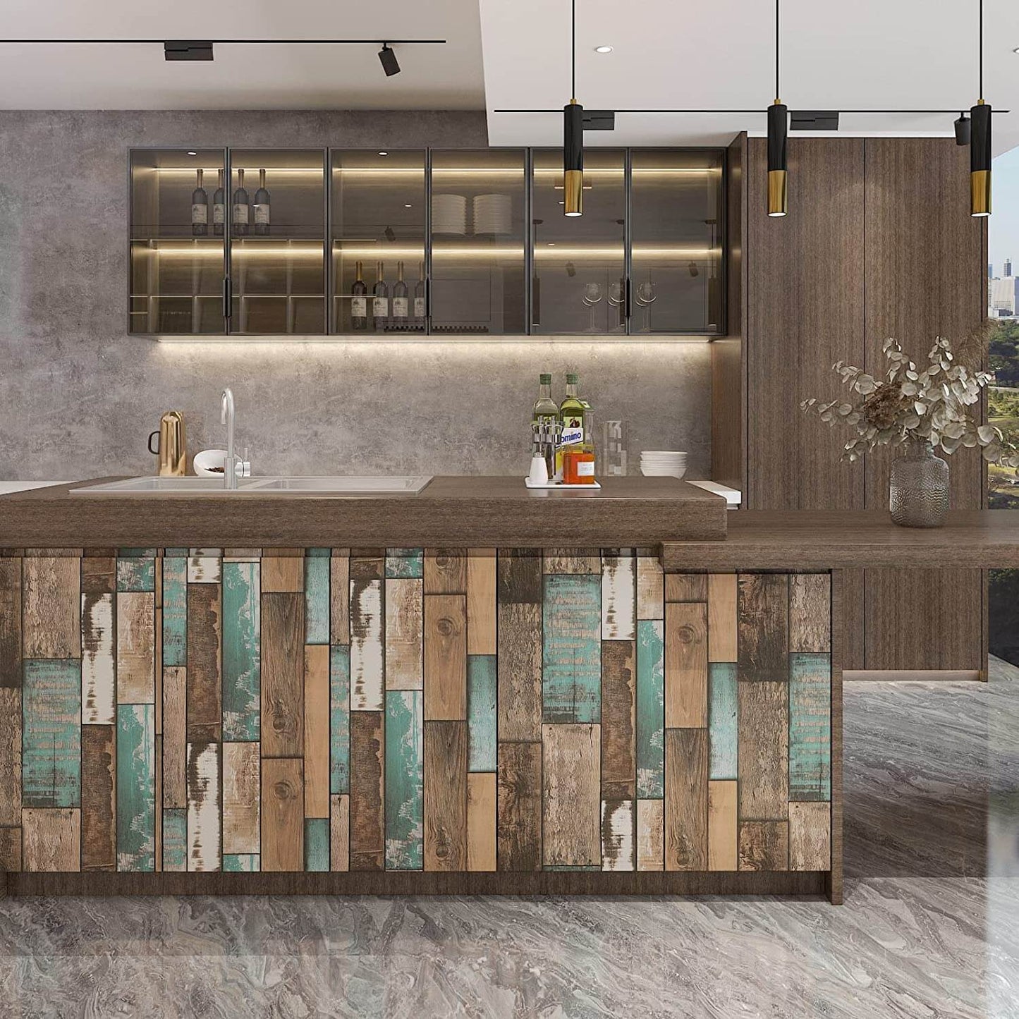 vintage-green-and-brown-wood-plank-look-paper-for-kitchen-island-renter-friendly