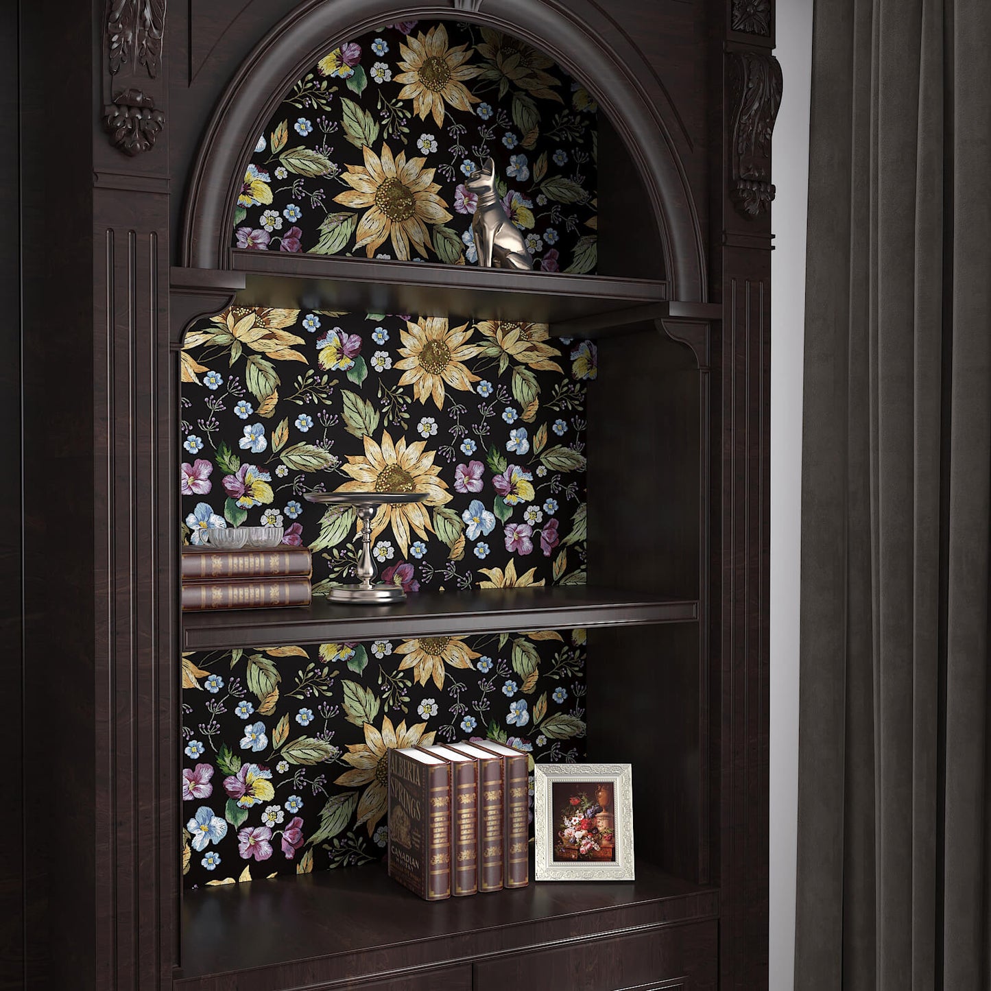leaf-floral-contact-paper-in-black-background-stick-on-shelf-lining
