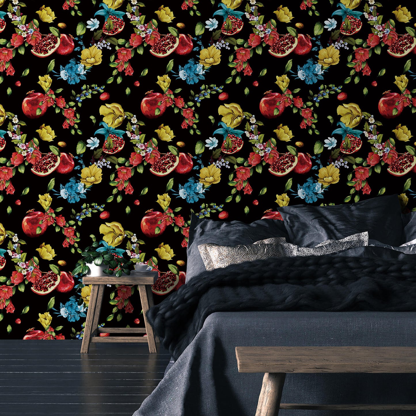 pomegranate-flower-and-leaf-patterns-on-black-wall-paper