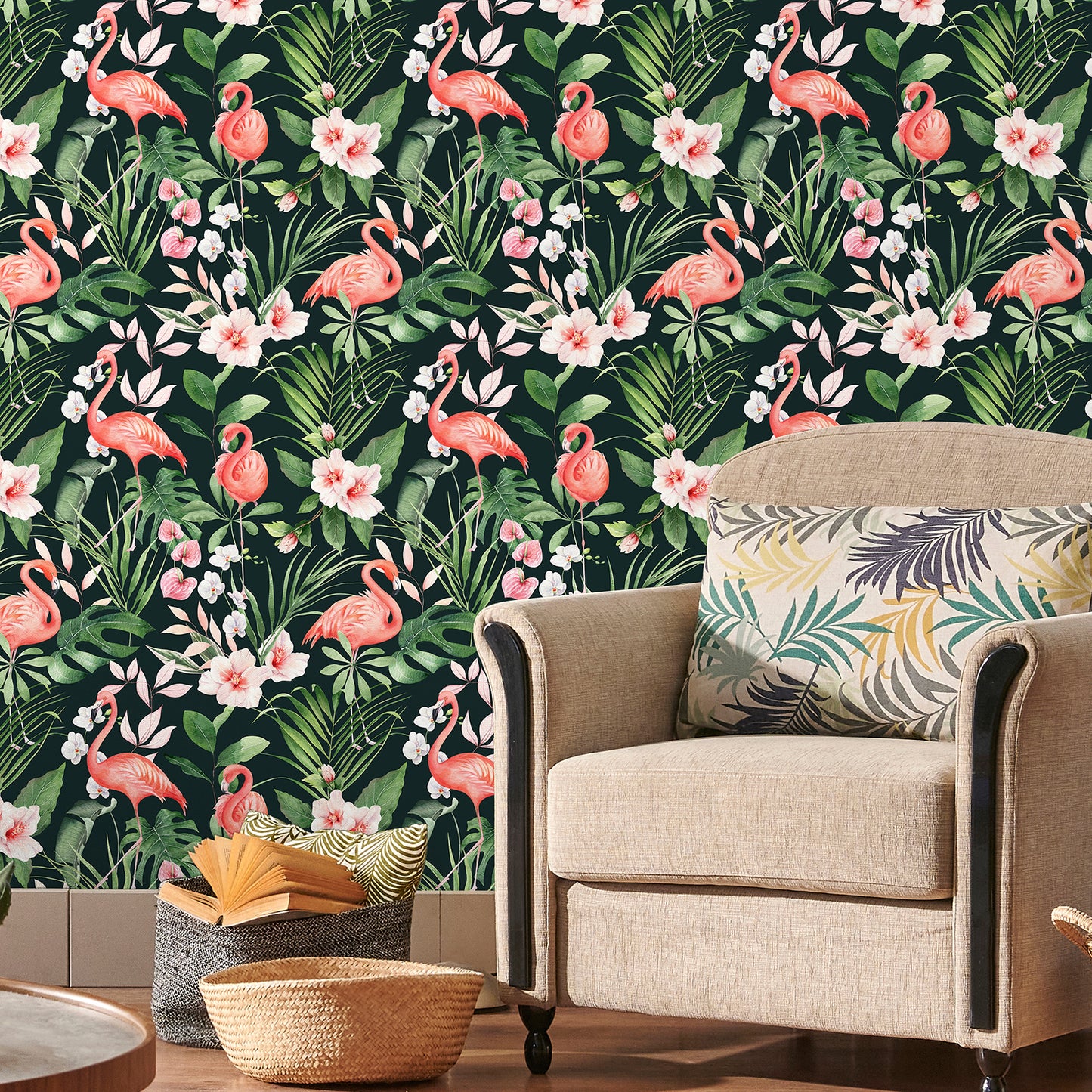 Pink Flamingo Tropical Jungle Palm Leaf Wallpaper