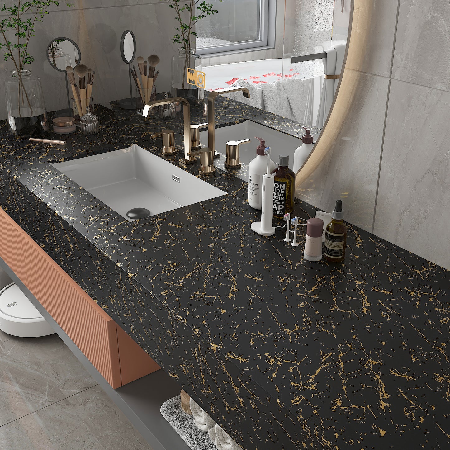 Matte Black Gold Marble Contact Paper