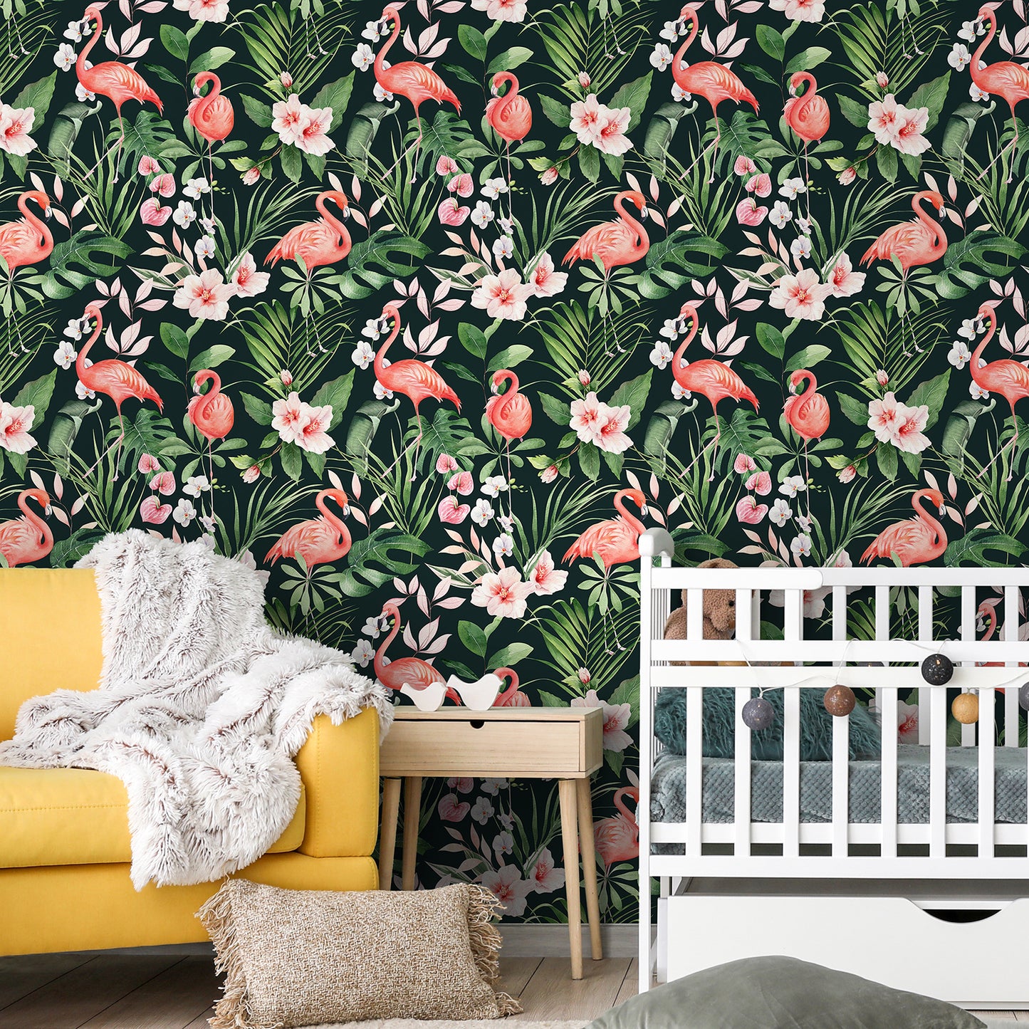 Pink Flamingo Tropical Jungle Palm Leaf Wallpaper