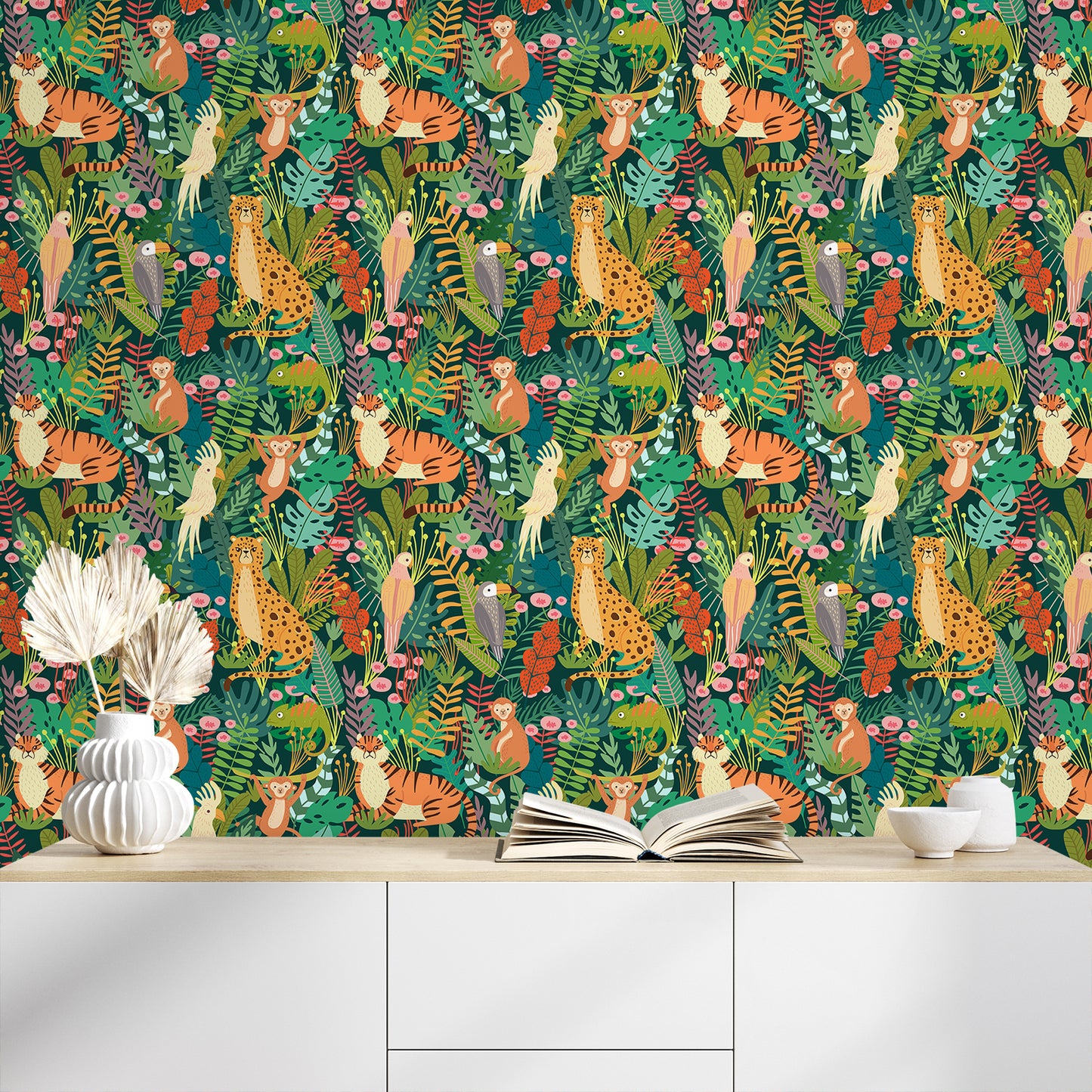Jungle Animals Nursery Floral Wallpaper