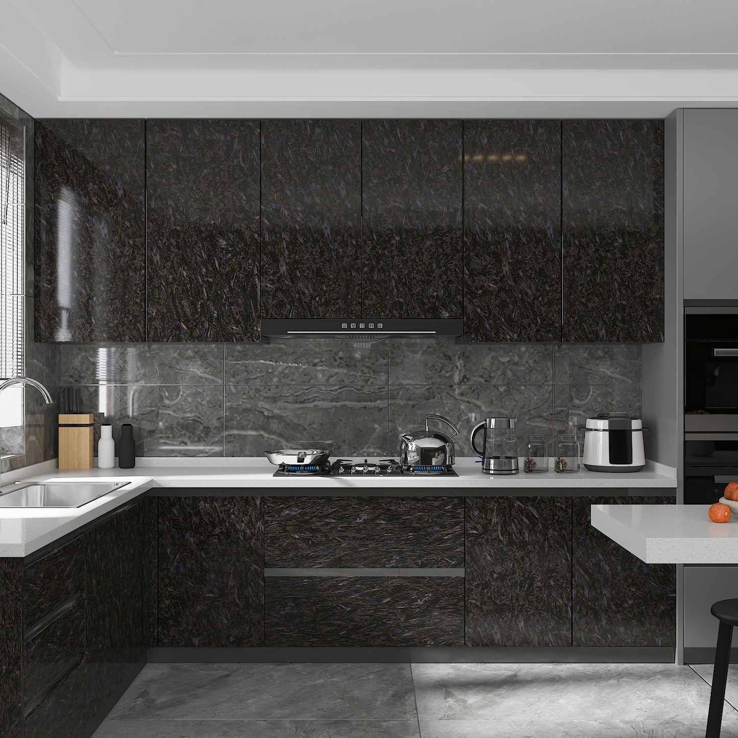 Glossy Black Blue Marble Contact Paper