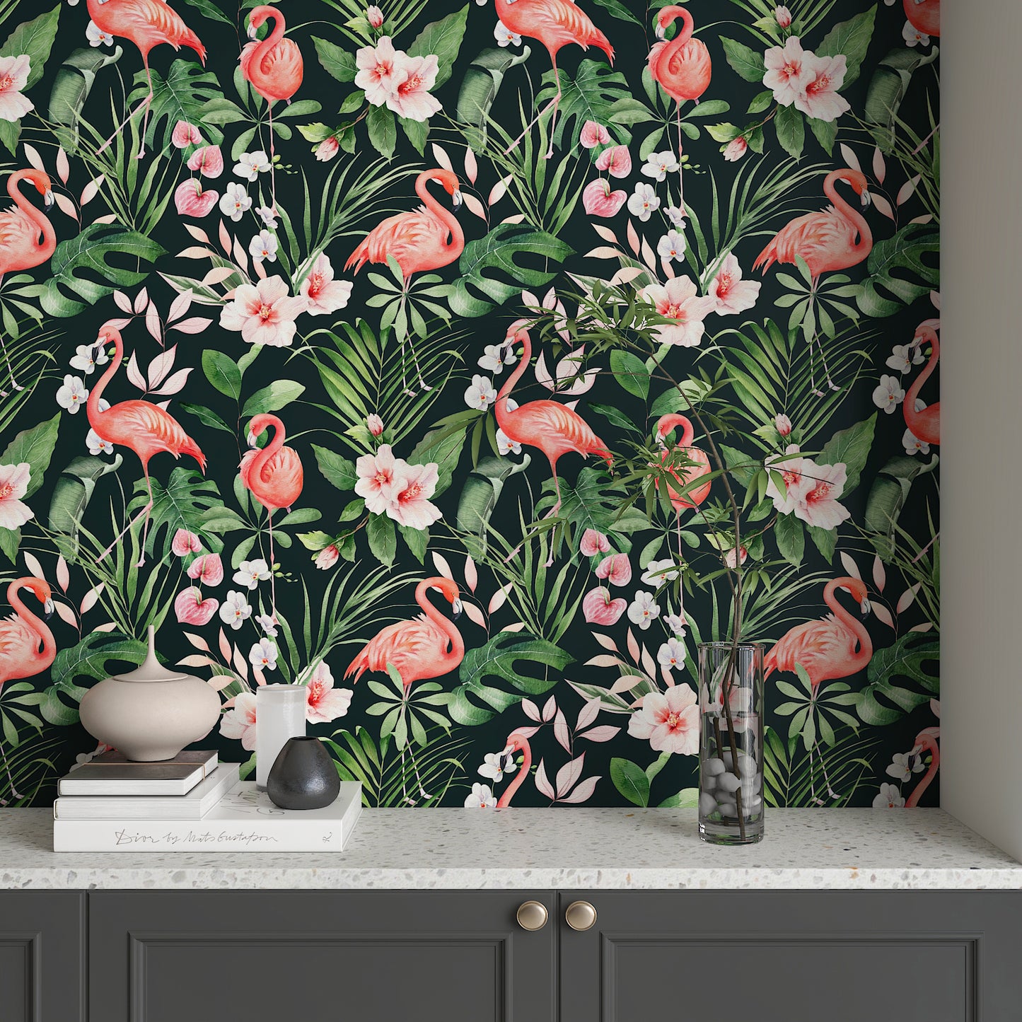 Pink Flamingo Tropical Jungle Palm Leaf Wallpaper