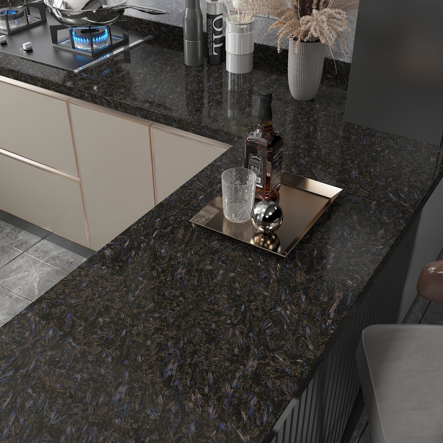 Glossy Black Blue Marble Contact Paper