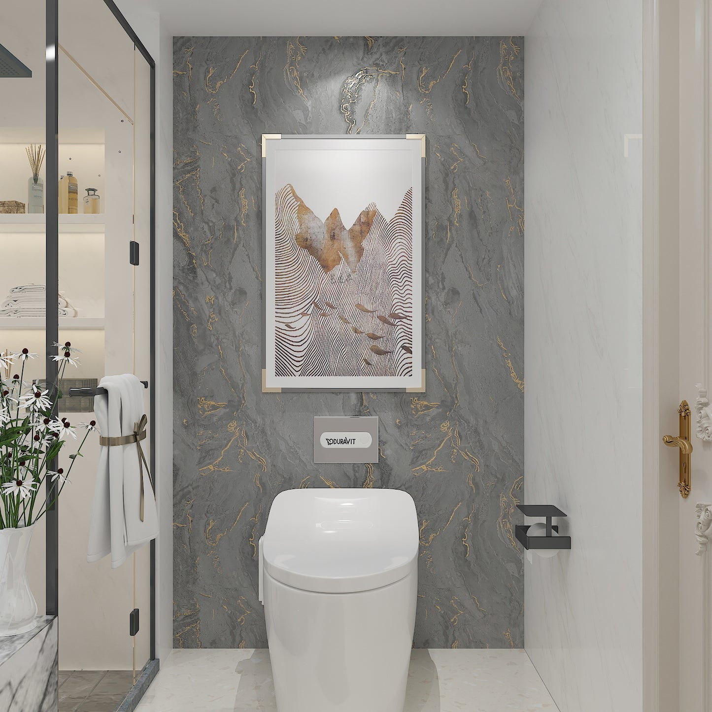 Matte Light Grey and Gold Marble Wallpaper
