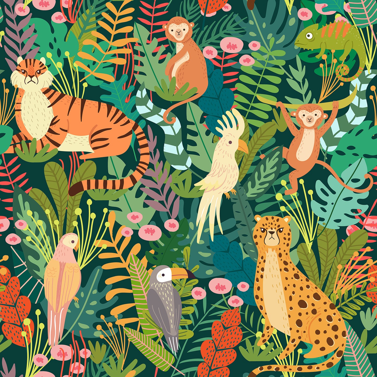 Jungle Animals Nursery Floral Wallpaper