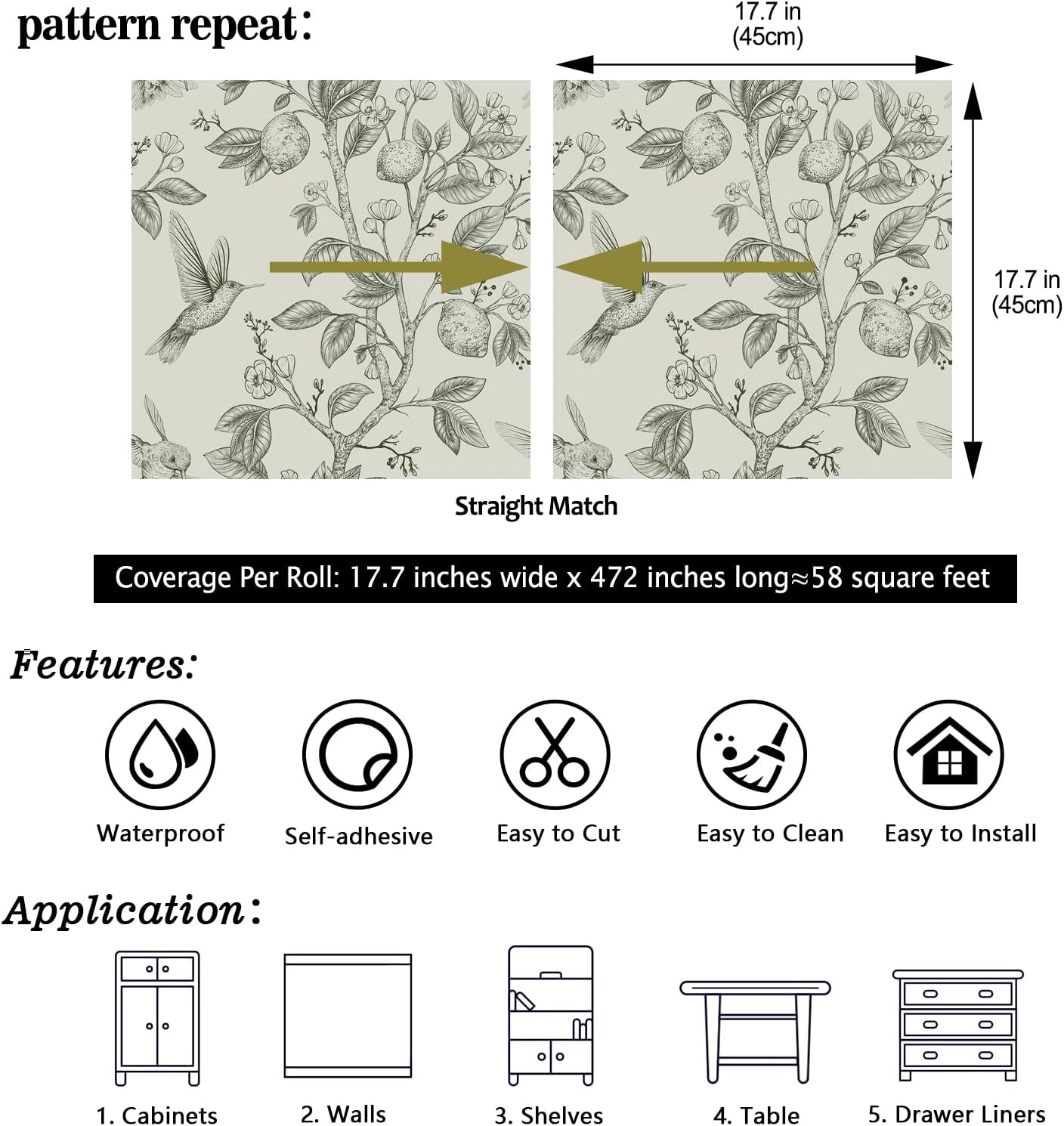 Green Peel & Stick Vintage Floral Bird Wallpaper