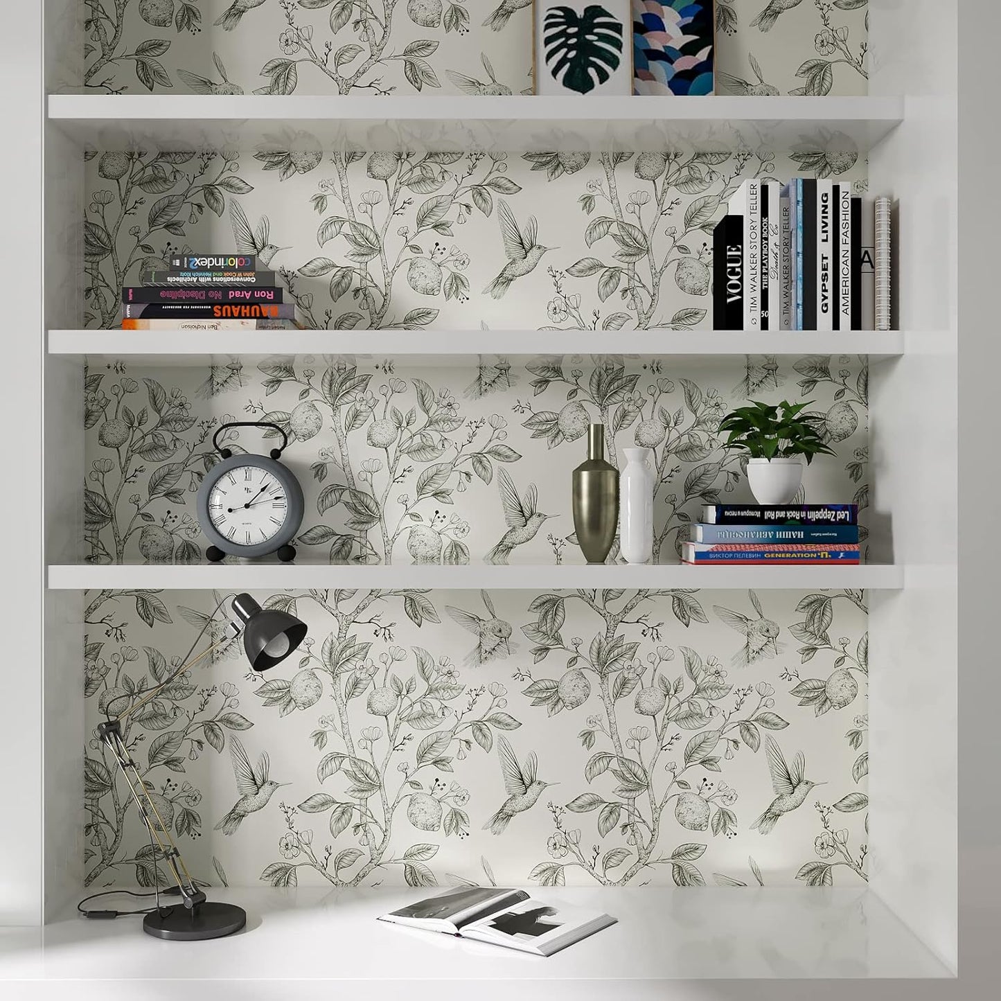 Green Peel & Stick Vintage Floral Bird Wallpaper