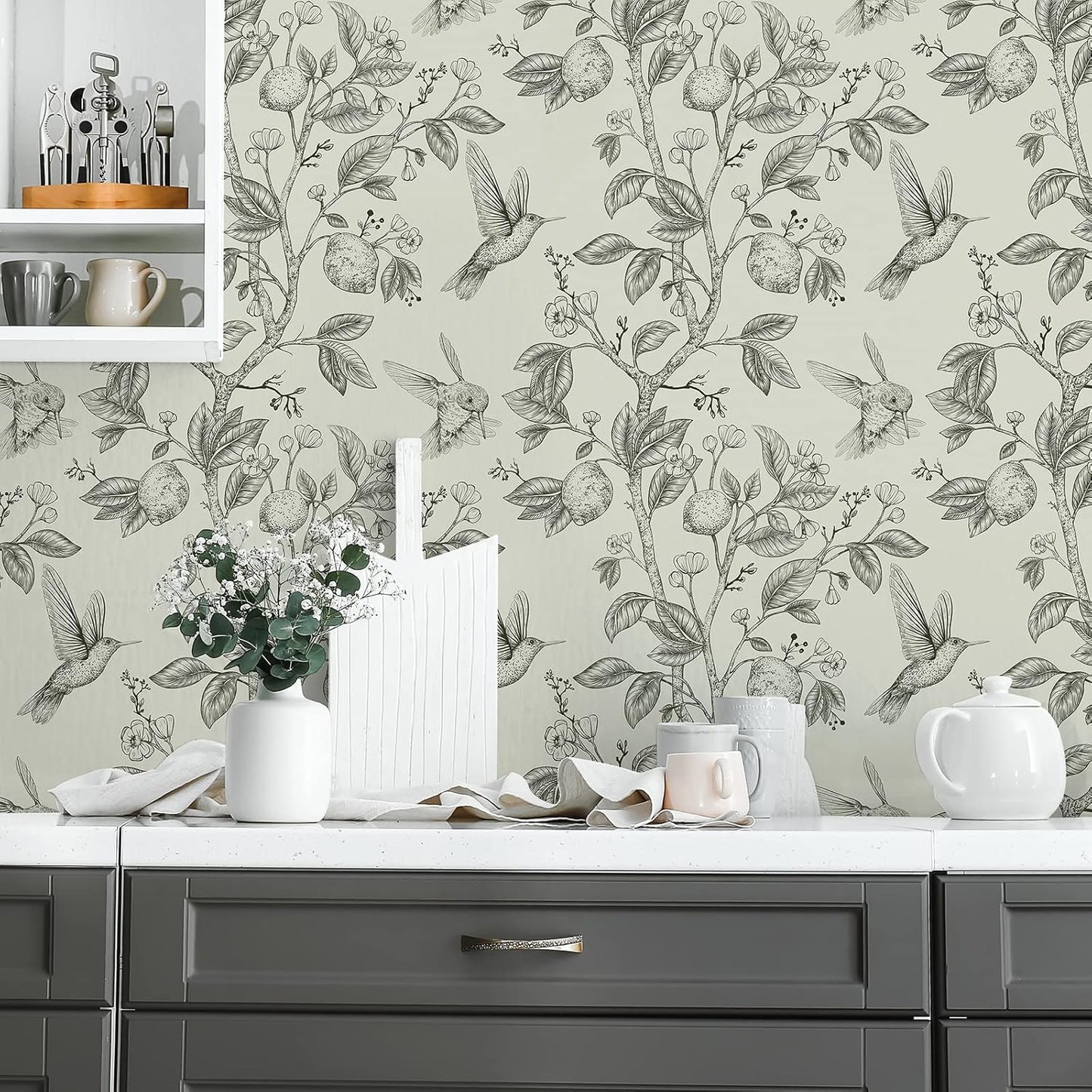 Green Peel & Stick Vintage Floral Bird Wallpaper