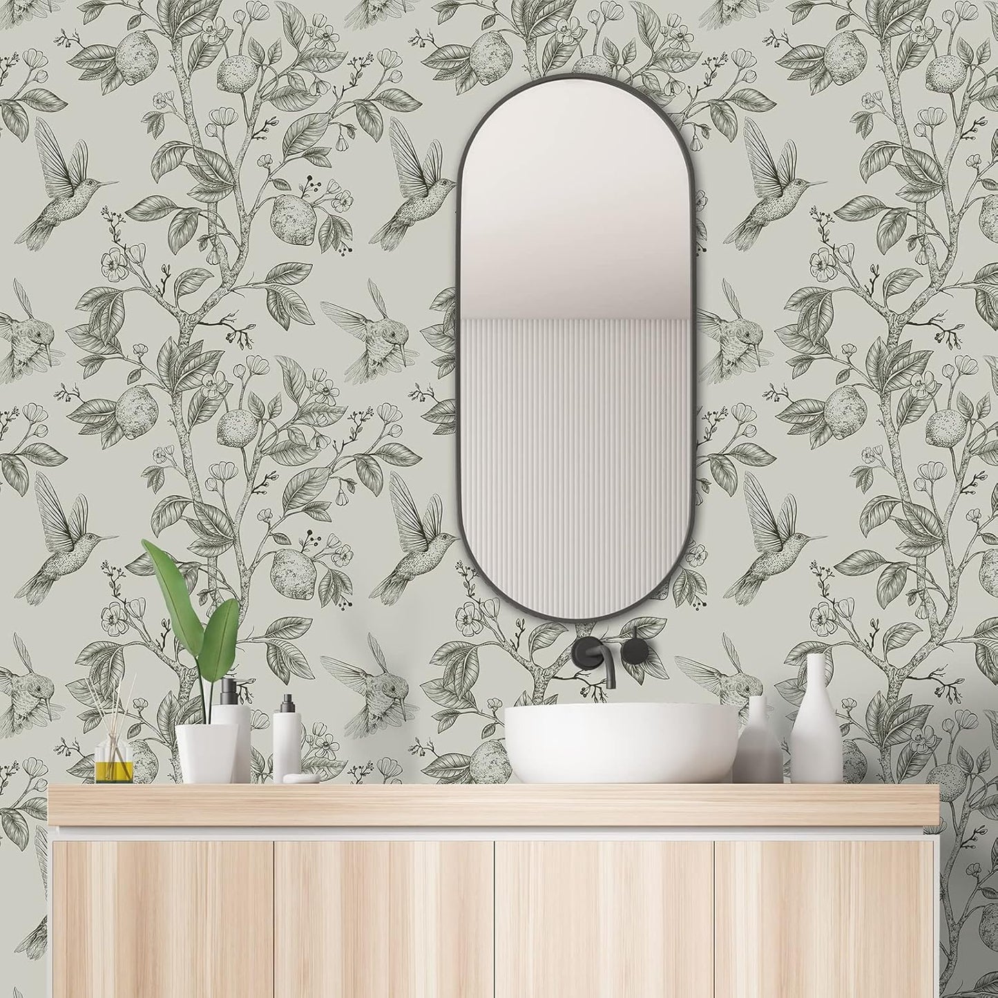 Green Peel & Stick Vintage Floral Bird Wallpaper