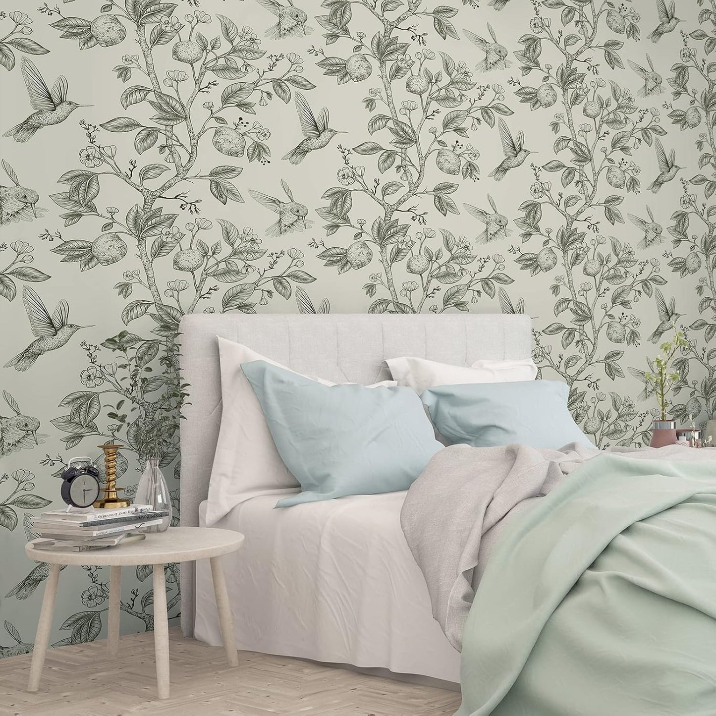 Green Peel & Stick Vintage Floral Bird Wallpaper