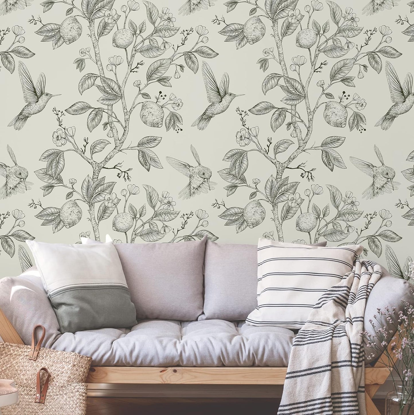 Green Peel & Stick Vintage Floral Bird Wallpaper