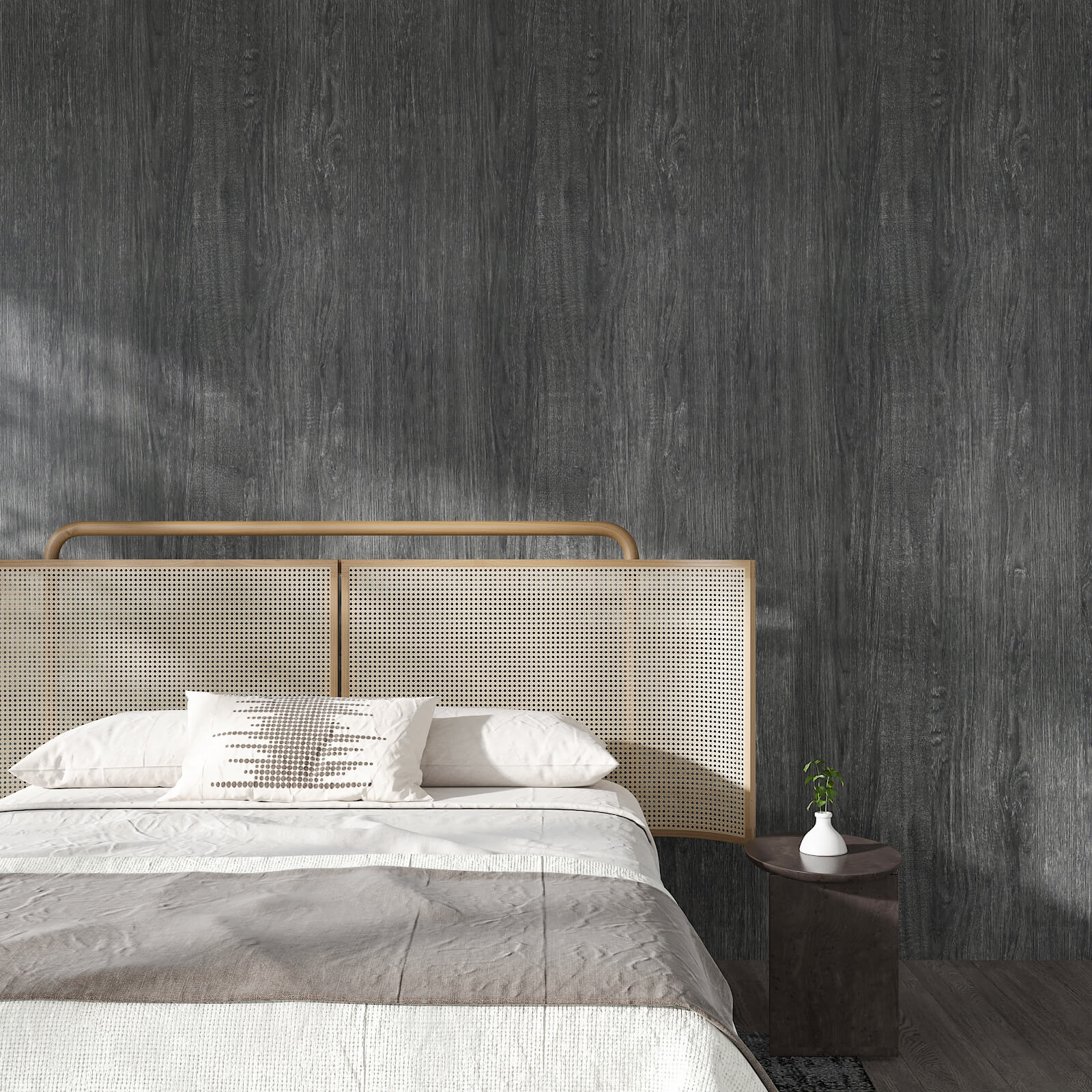 dark-grey-faux-wood-wallpaper-for-bedroom-accent-wall
