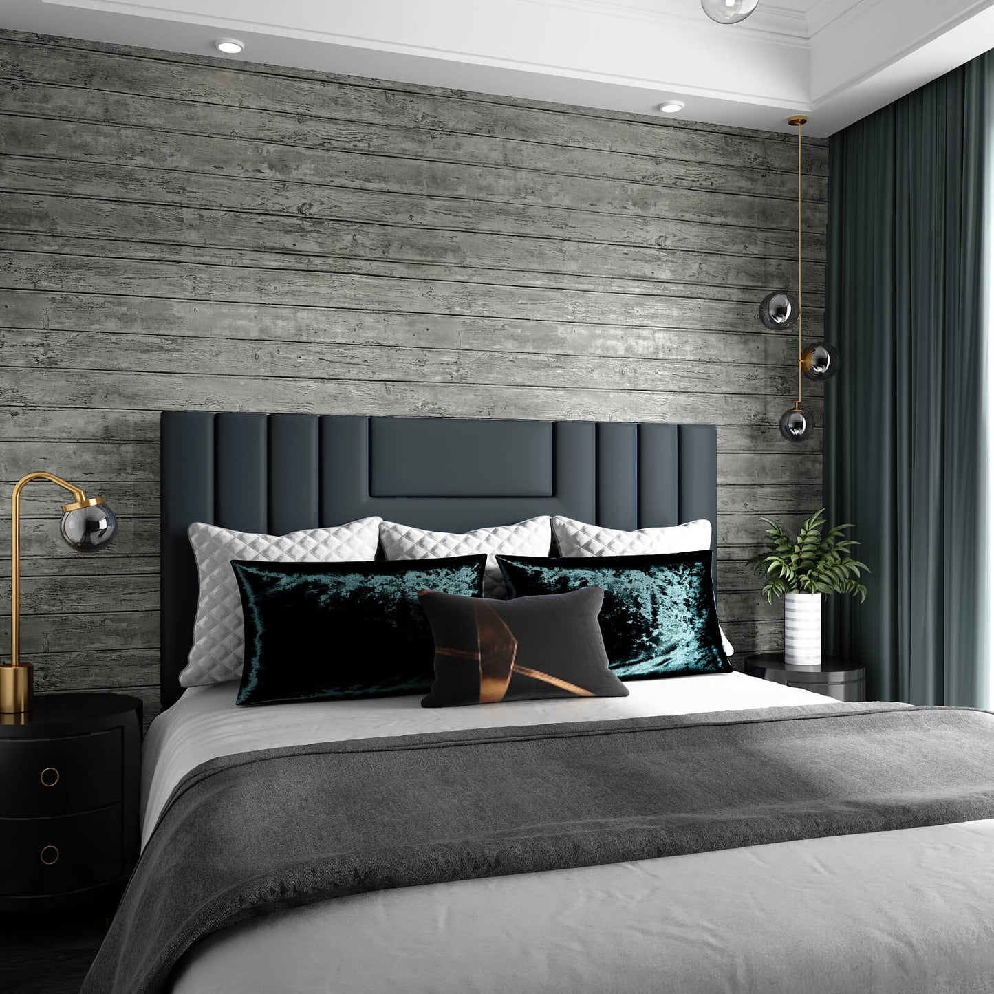 distressed-grey-shiplap-wood-grain-accent-wall-mural-in-bedroom