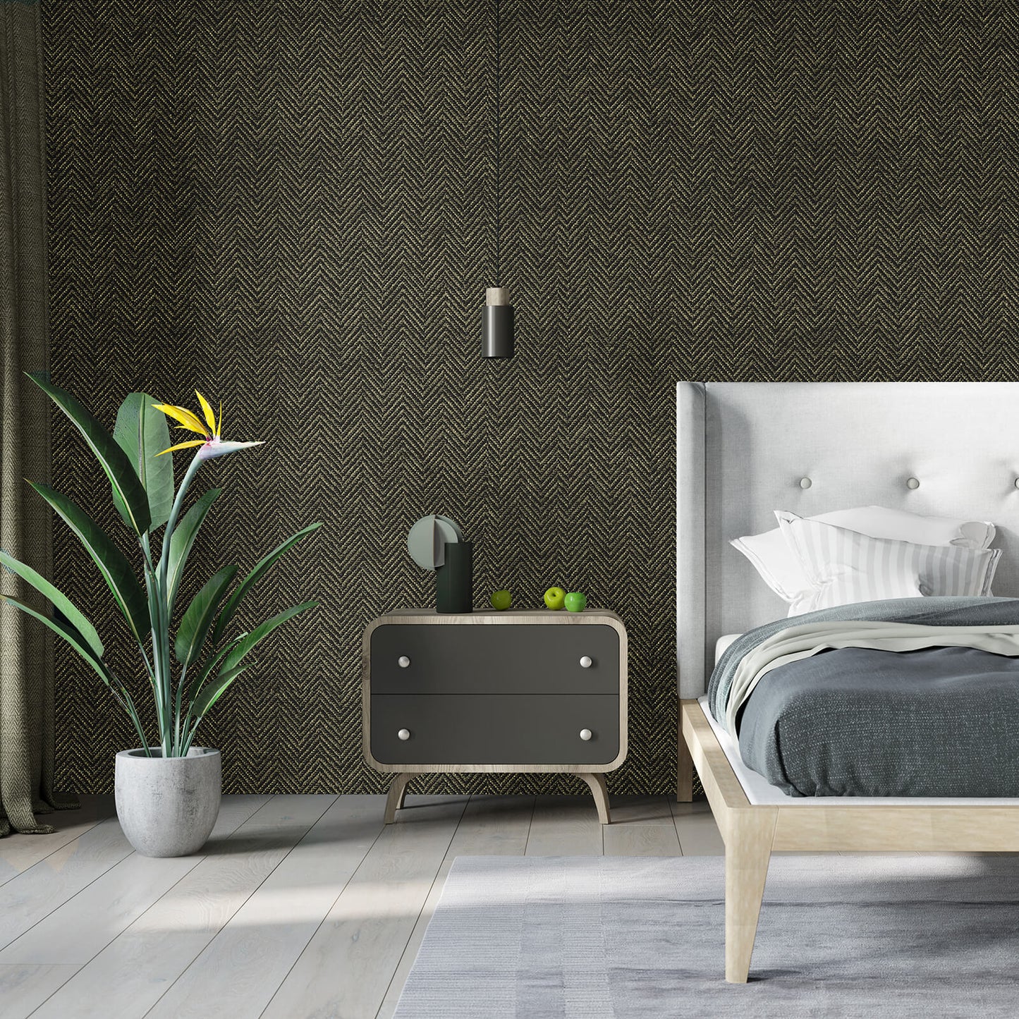 faux-grasscloth-black-accent-wall-paper-for-bedroom