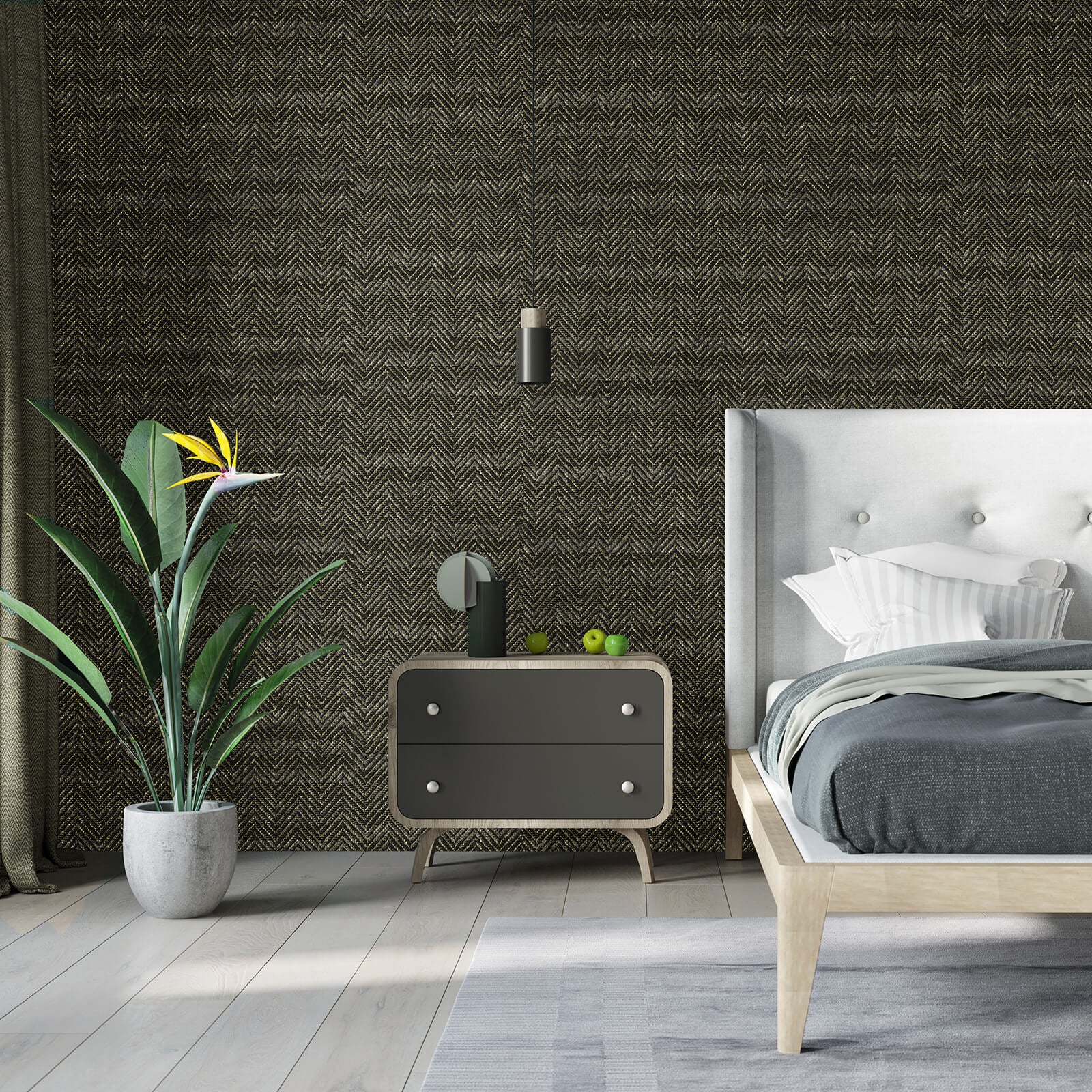 faux-grasscloth-black-accent-wall-paper-for-bedroom