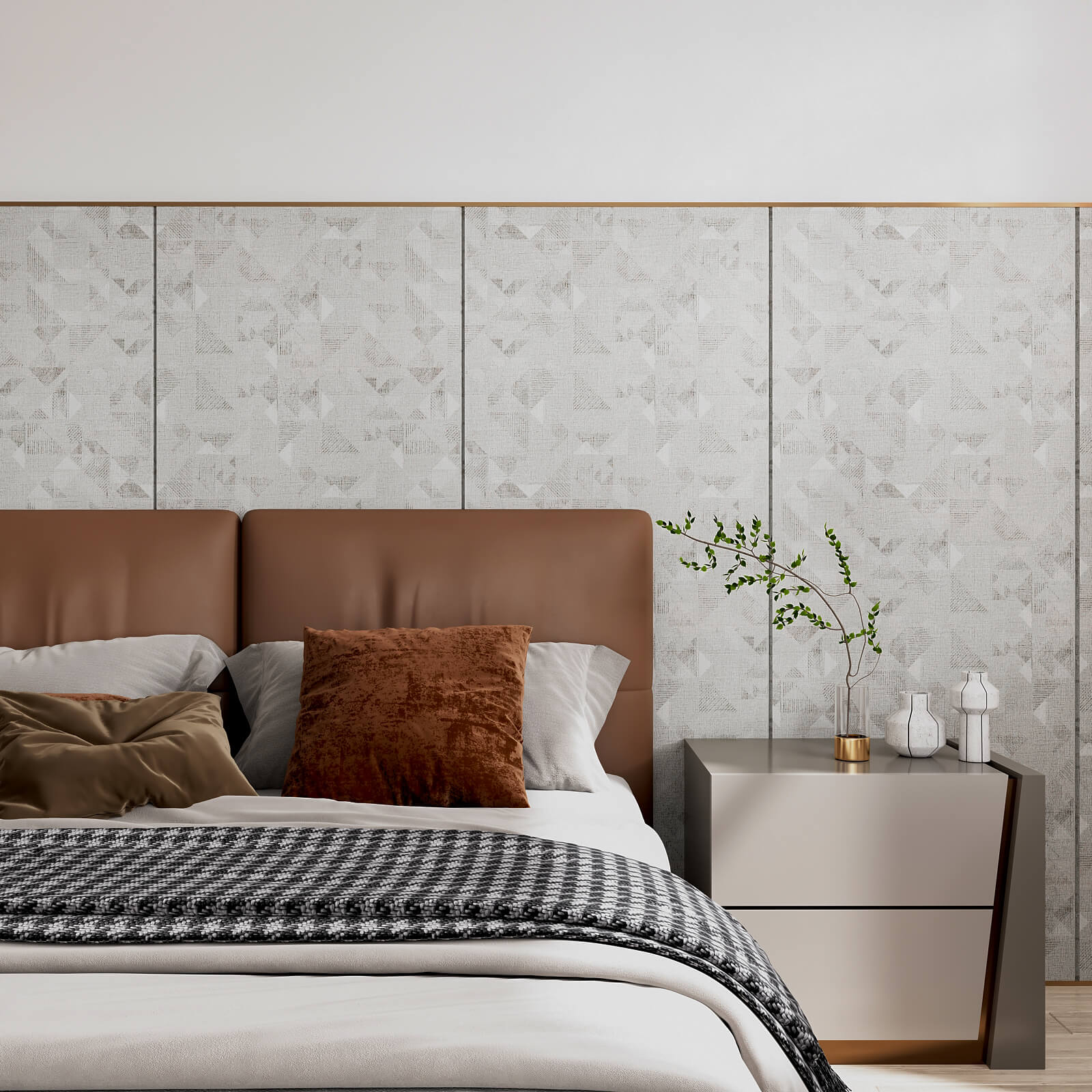 faux-grasscloth-light-grey-accent-wall-paper-for-bedroom