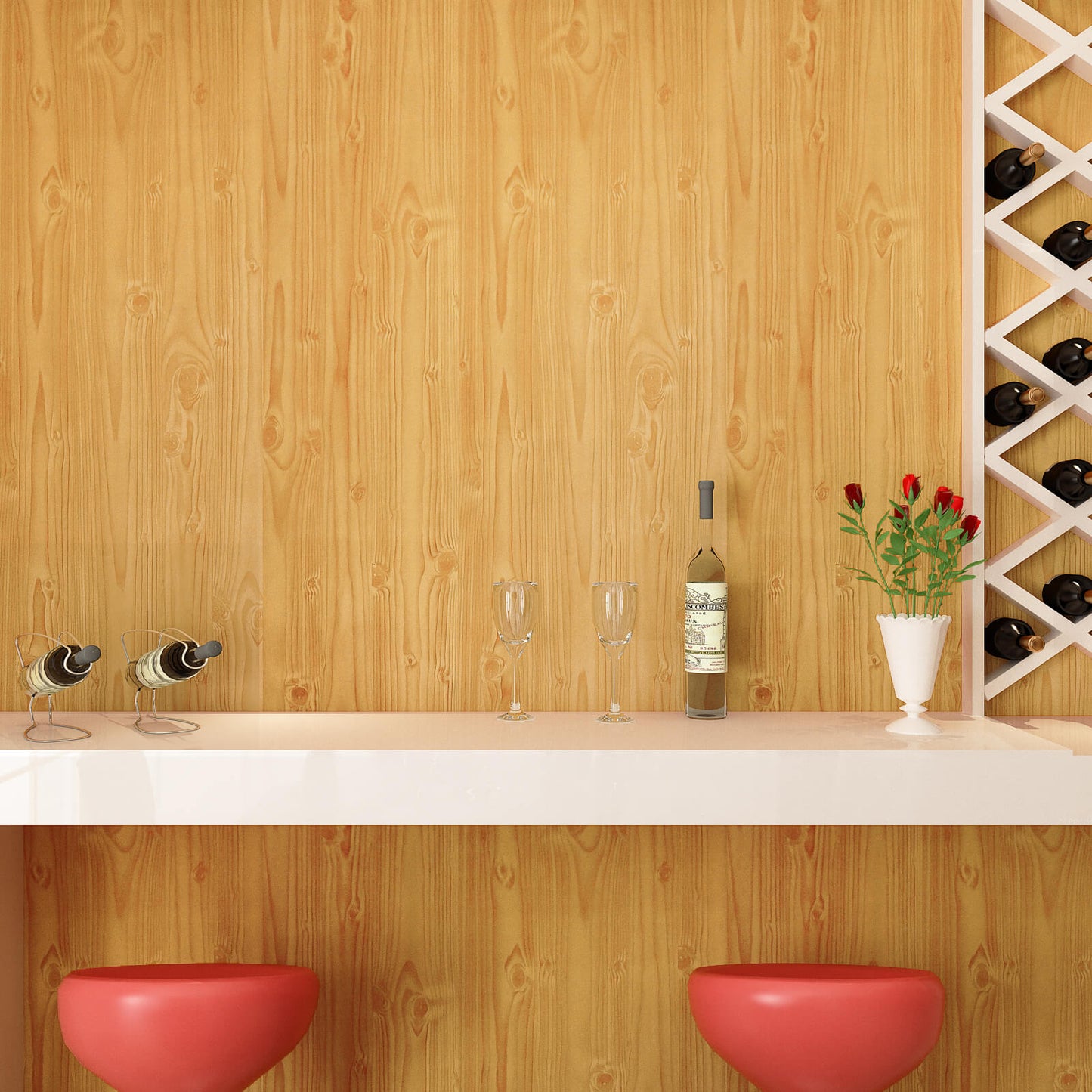     faux-yellow-wood-grain-winyl-stick-on-wall-bar-decor