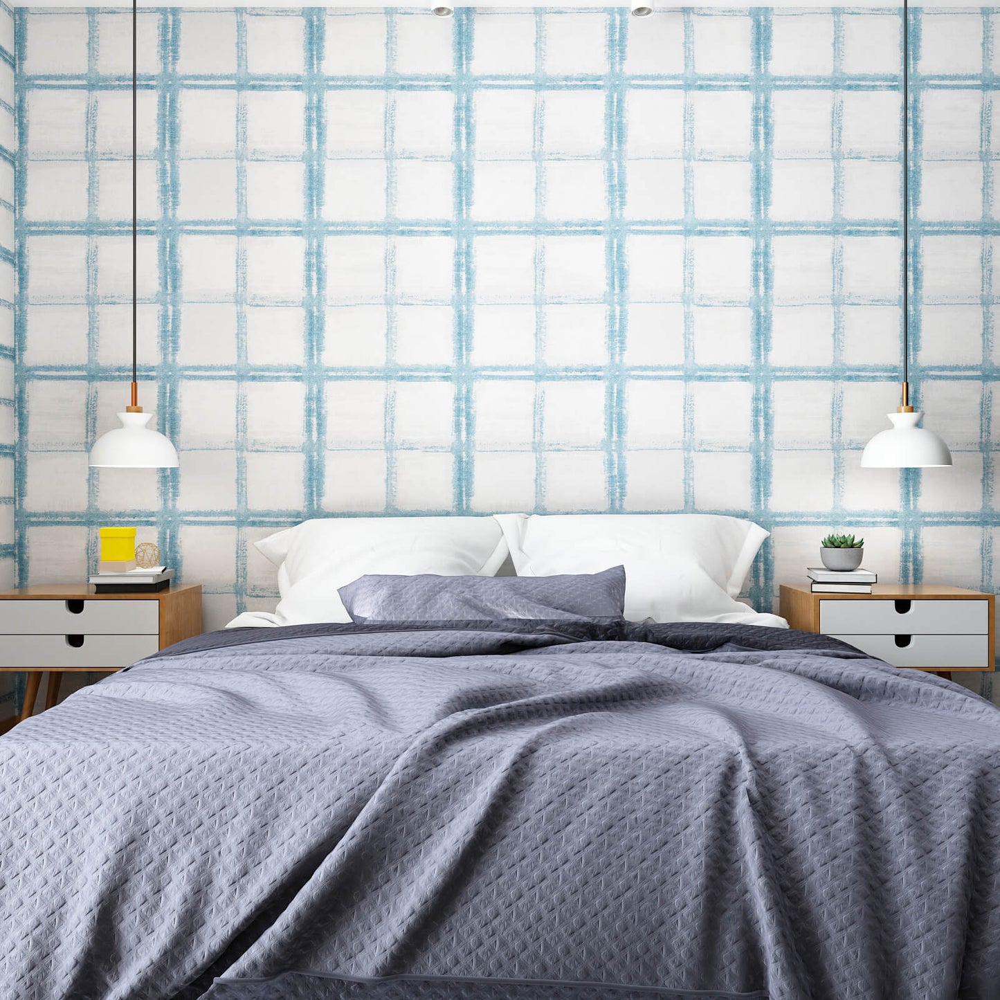 peel-and-stick-bedroom-accent-wall-blue-plaid-pattern