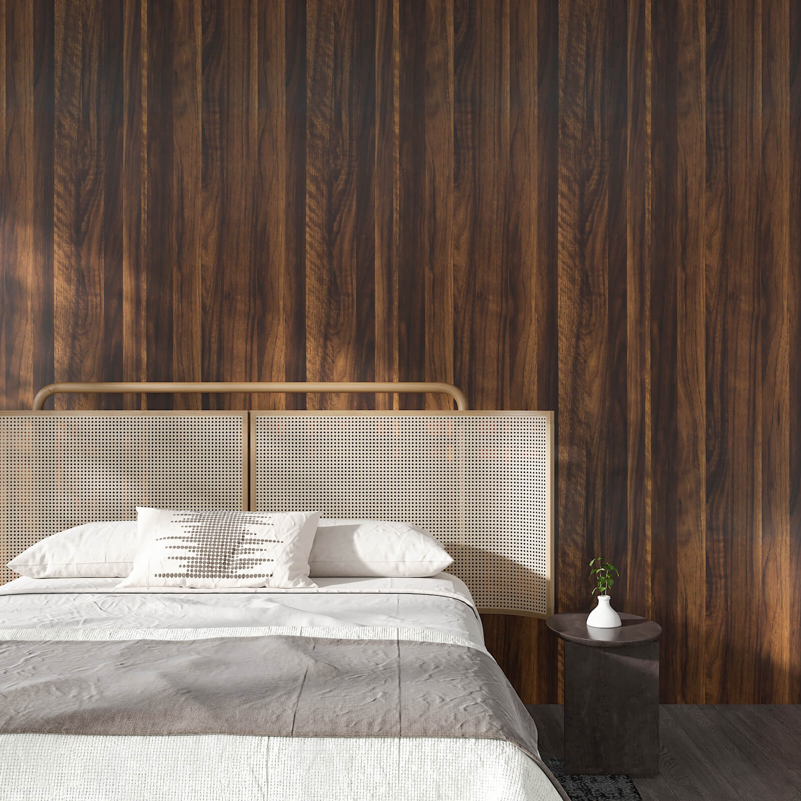    peel-and-stick-brown-wood-accent-wall-covering-in-bedroom