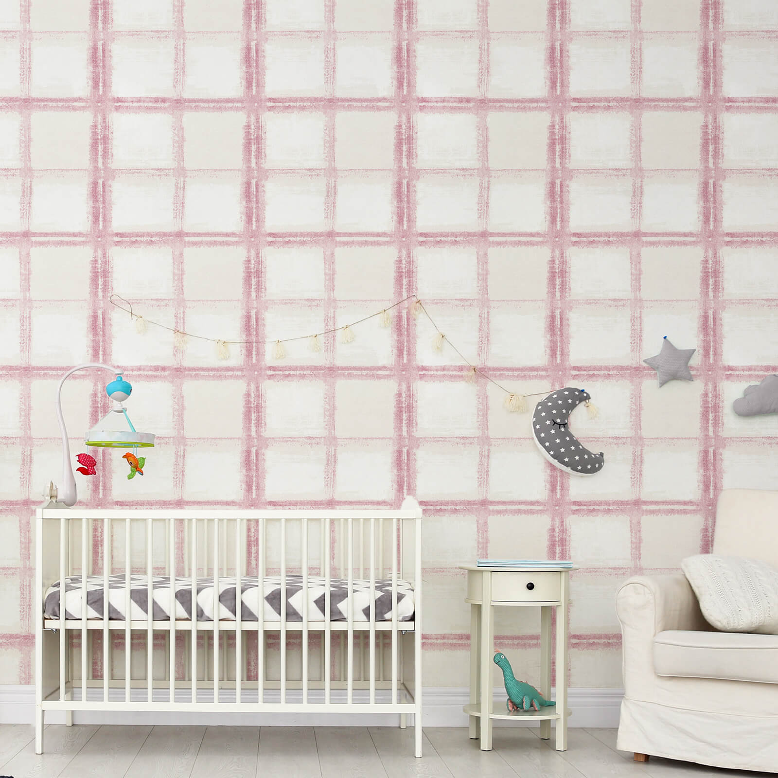 pink-plaid-wallpaper-for-nursery-room-made-of-harmless-vinyl