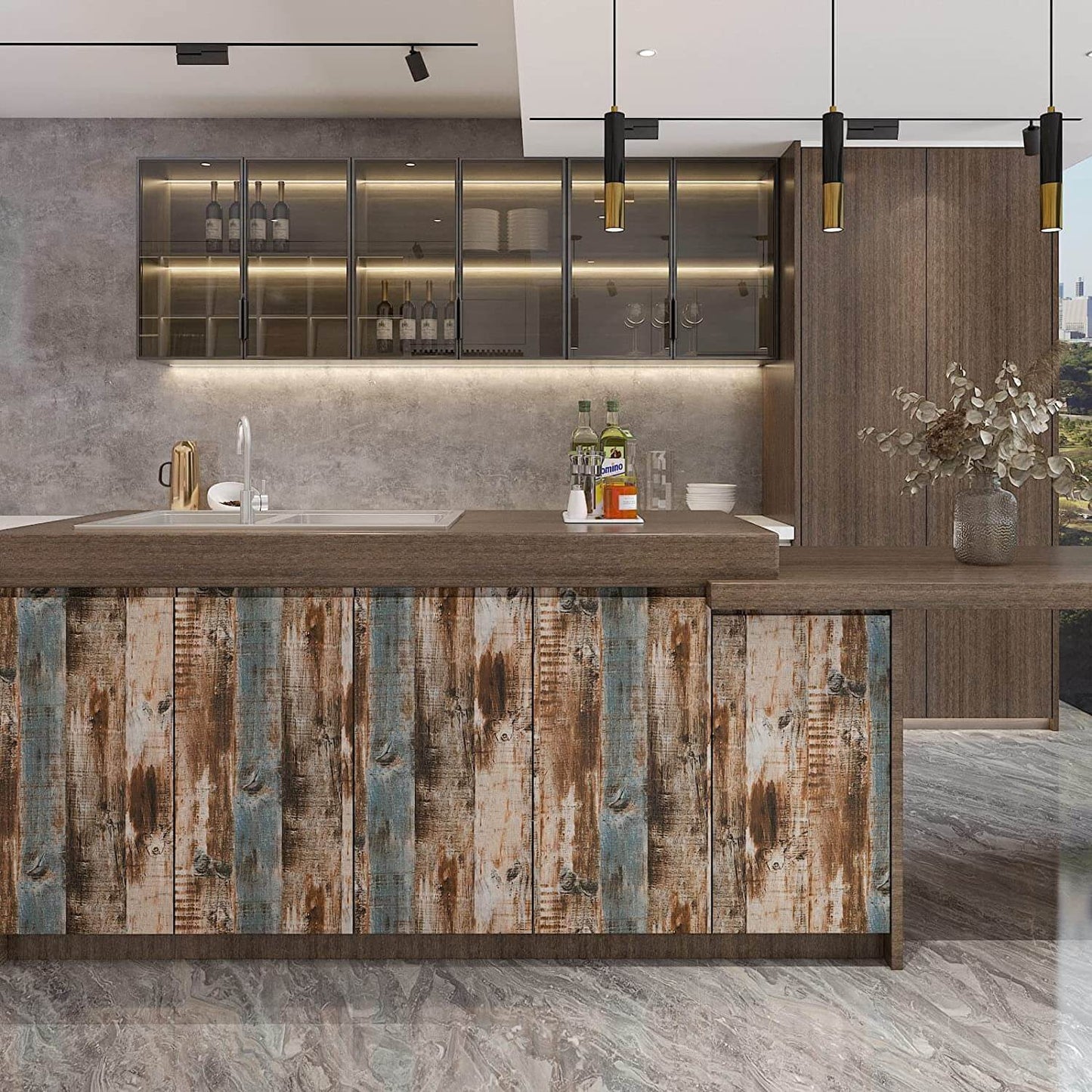     vintage-brown-wood-plank-look-paper-for-kitchen-island-renter-friendly