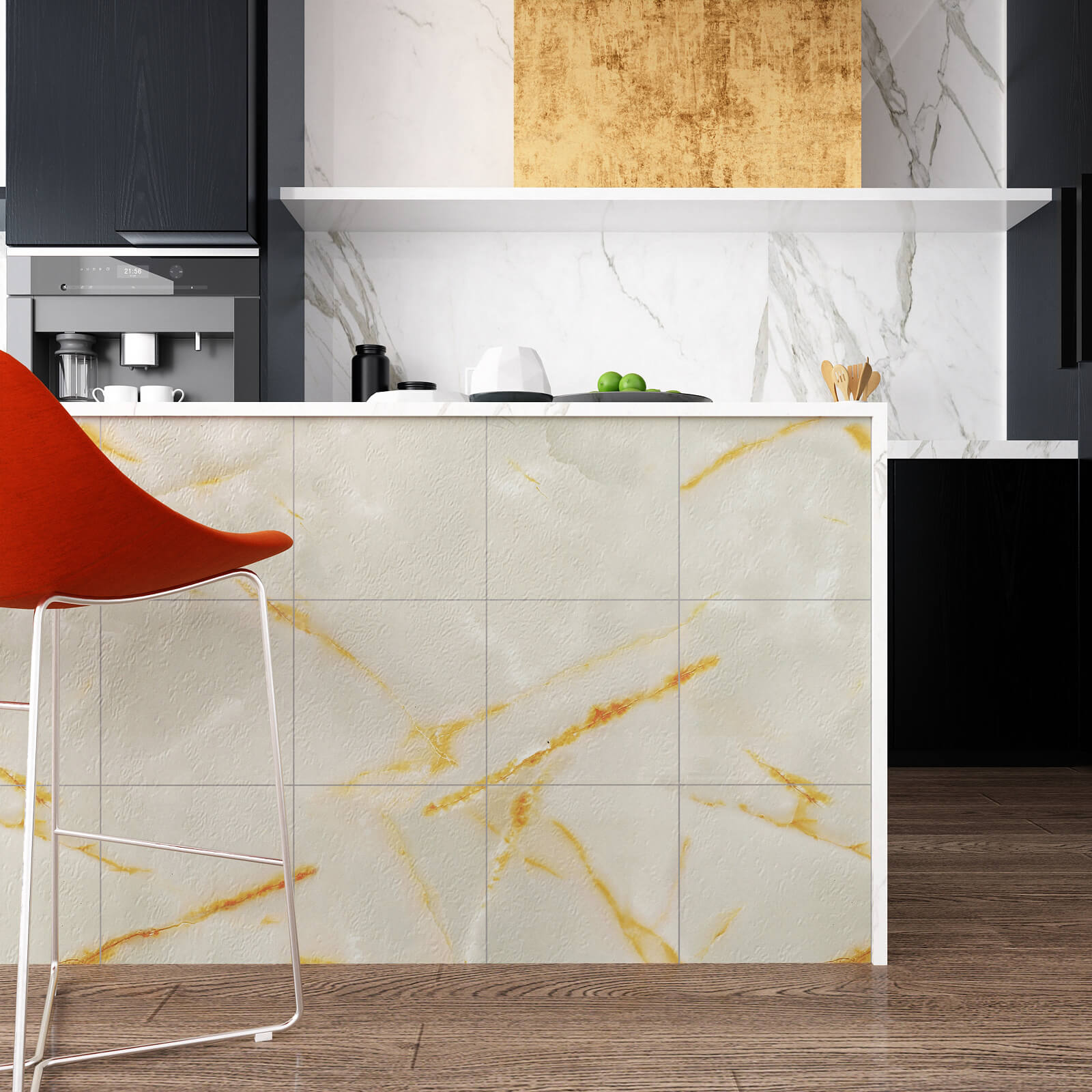     adhesive-tile-stickers-for-kitchen-island-decorative-cracked-yellow-marble-look