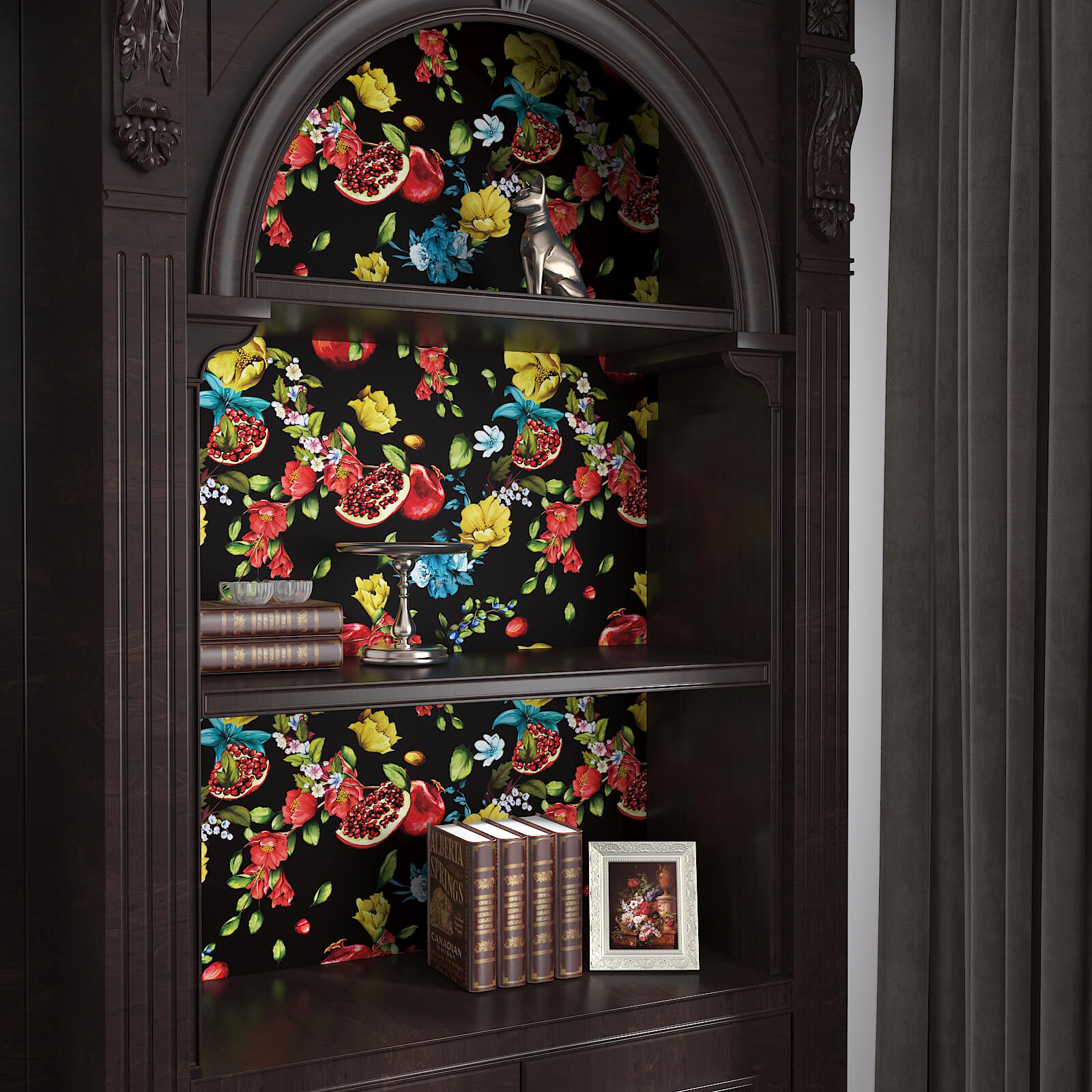 black-floral-vinyl-paper-for-shelf-lining