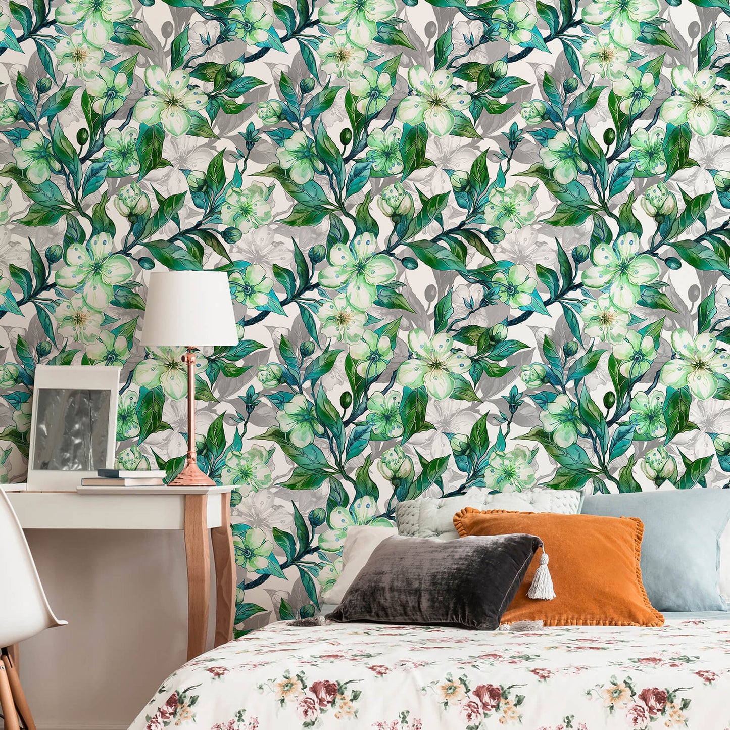    floral-leaf-vinyl-paper-stick-on-bedroom-accent-wall