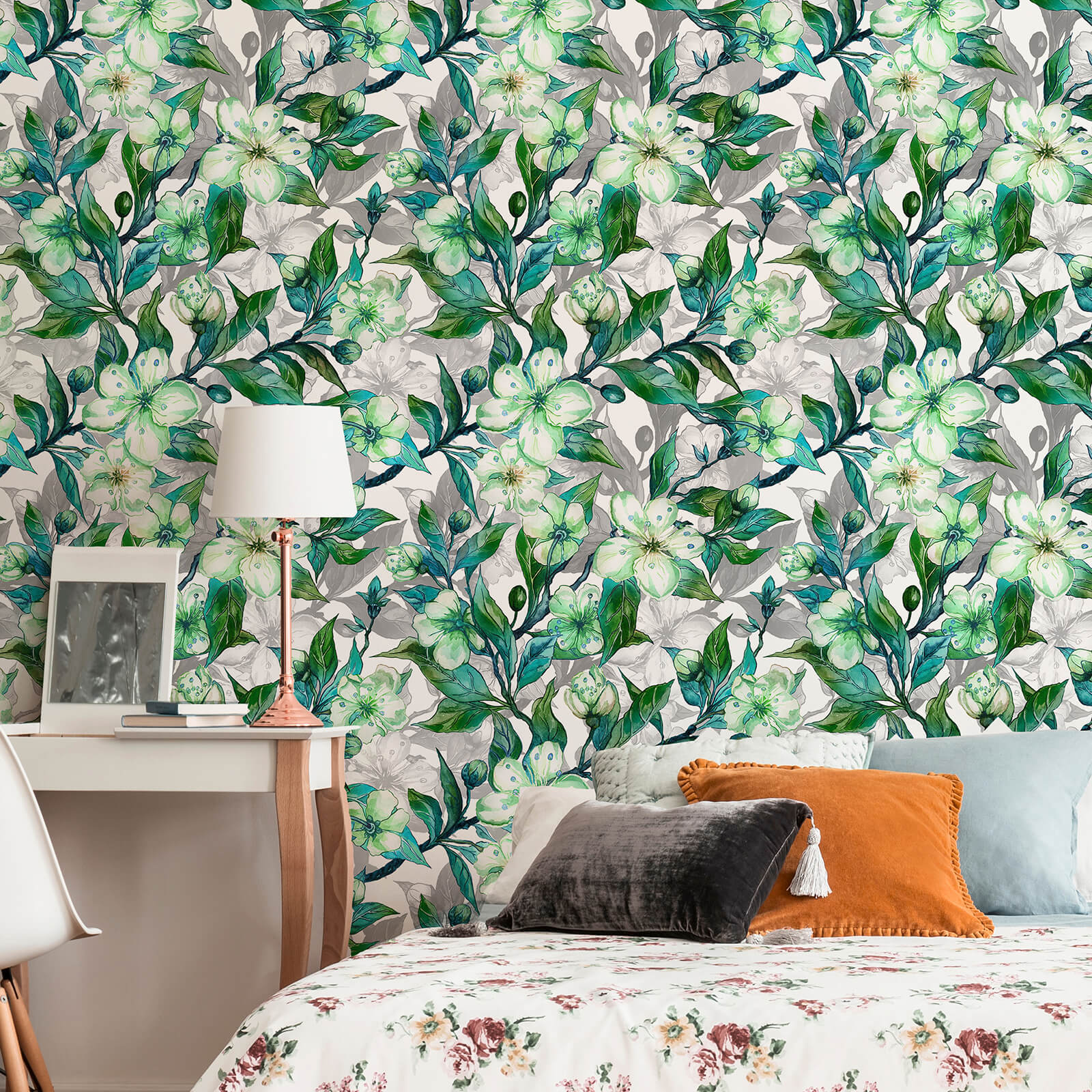    floral-leaf-vinyl-paper-stick-on-bedroom-accent-wall