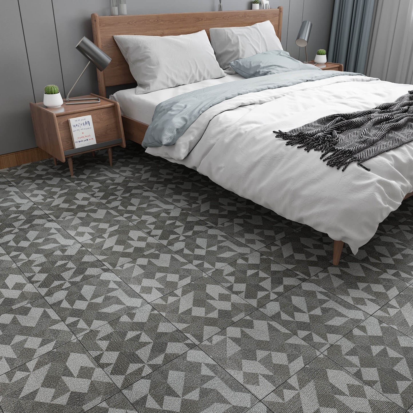     grey-geometric-carpet-look-adhesive-vinyl-tiles-sticker-for-bedroom-floor