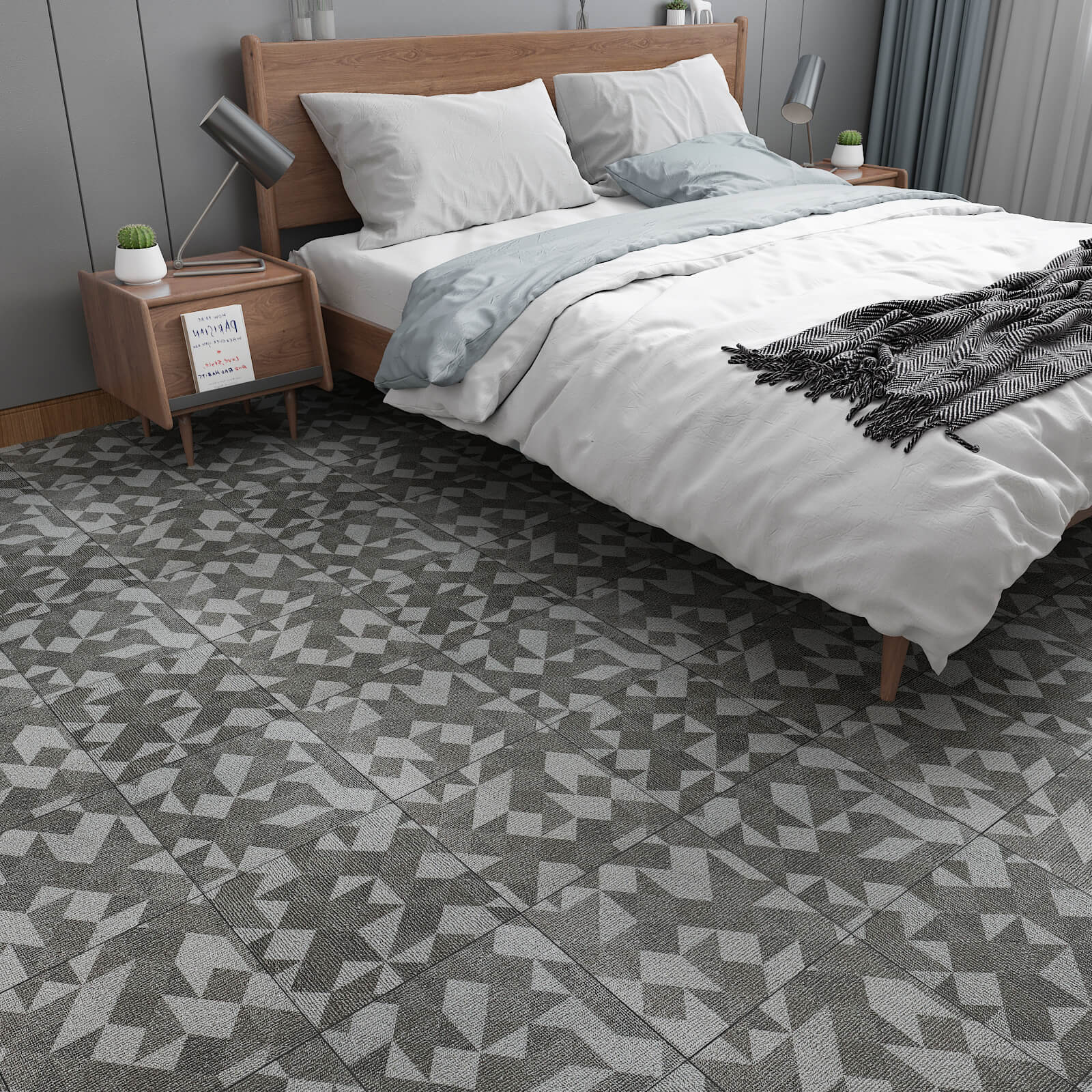     grey-geometric-carpet-look-adhesive-vinyl-tiles-sticker-for-bedroom-floor