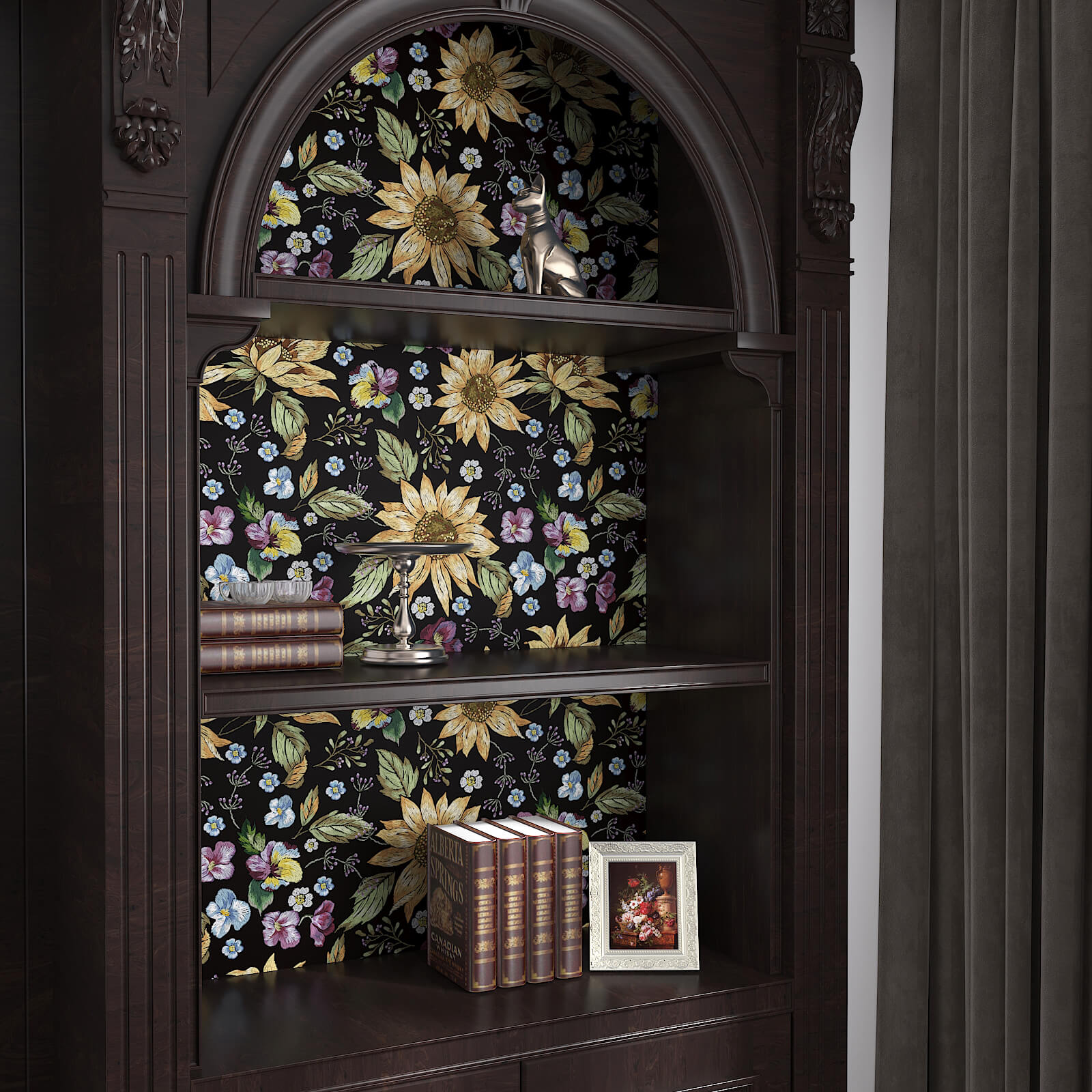    leaf-floral-contact-paper-in-black-background-stick-on-shelf-lining