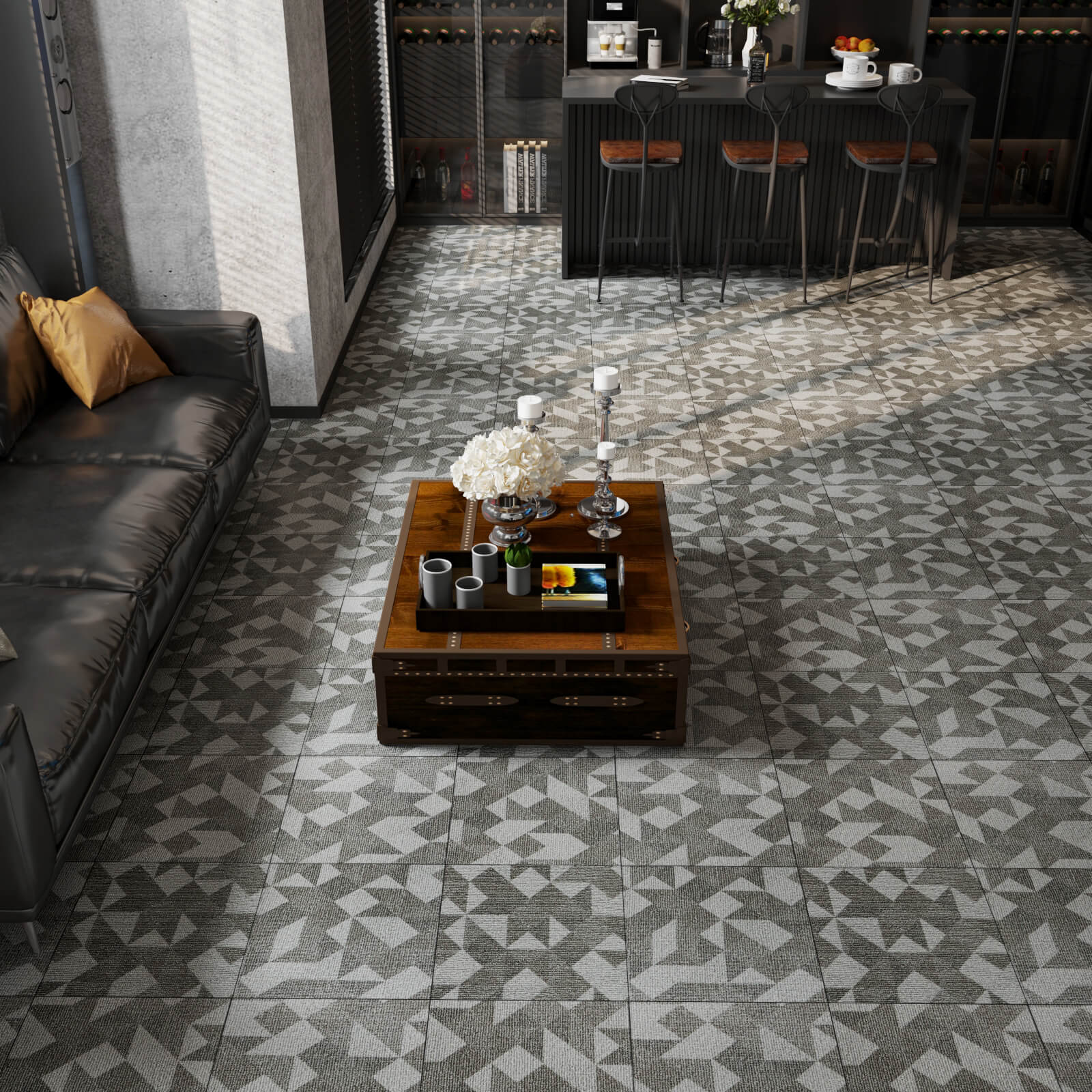    removable-grey-geometric-carpet-flooring-tiles-for-living-room