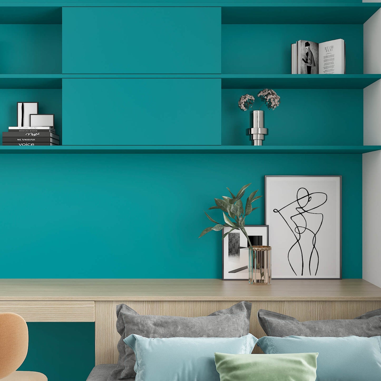 turquoise-blue-wallpaper-for-shelf-decorative-desk