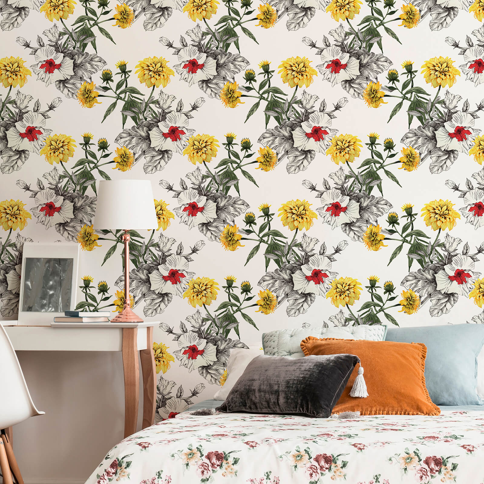 vintage-bedroom-accent-wall-paper-renter-friendly