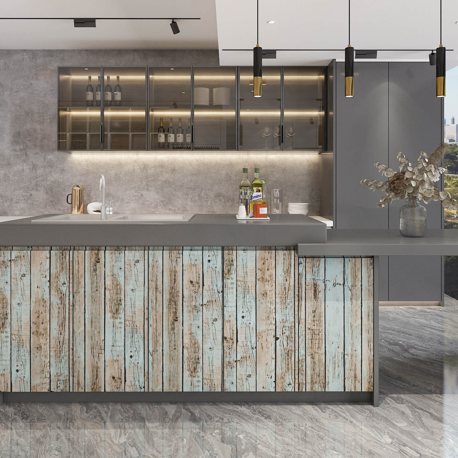    vintage-blue-wood-look-paper-for-kitchen-island-renter-friendly