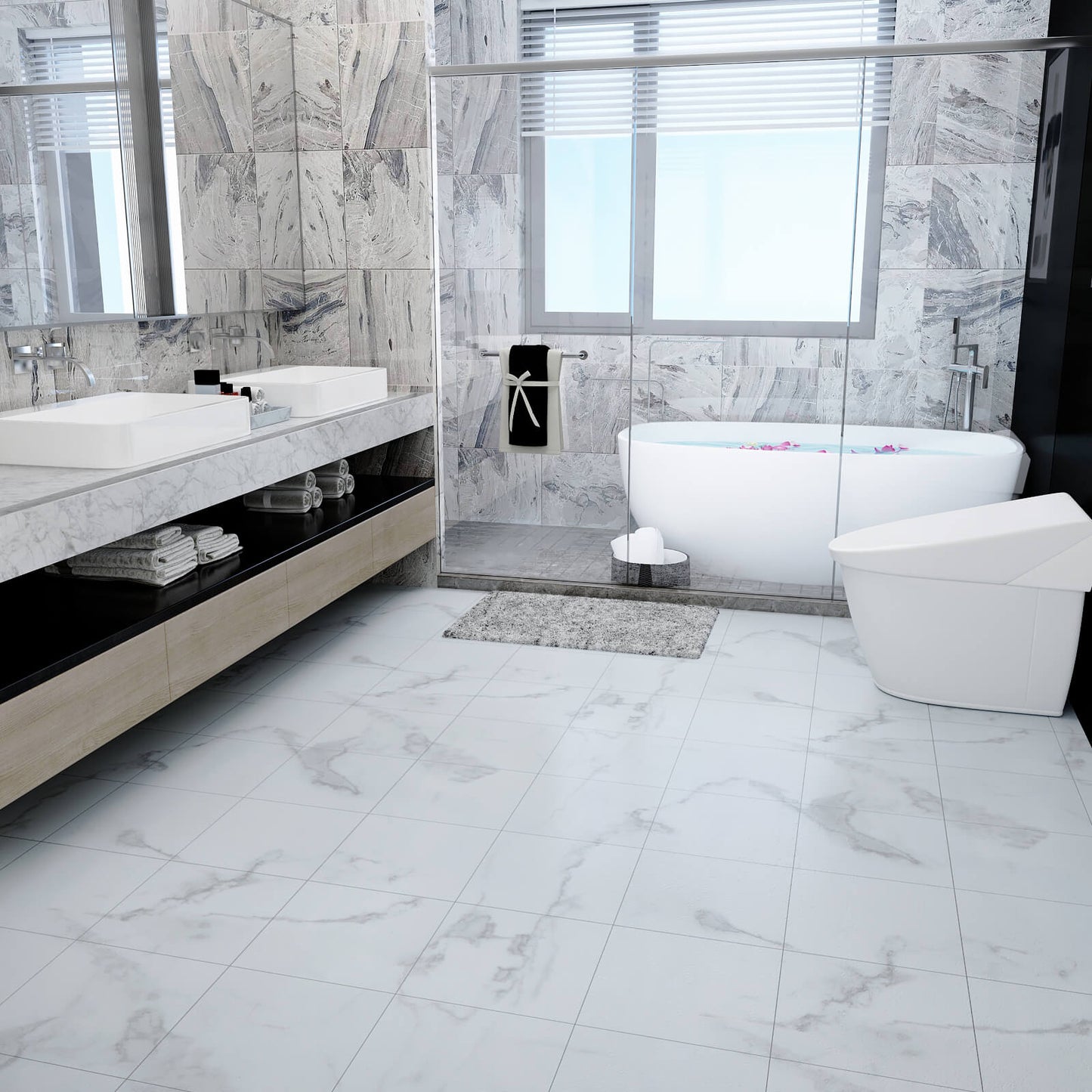     waterproof-white-marble-tile-stick-on-bathroom-floor