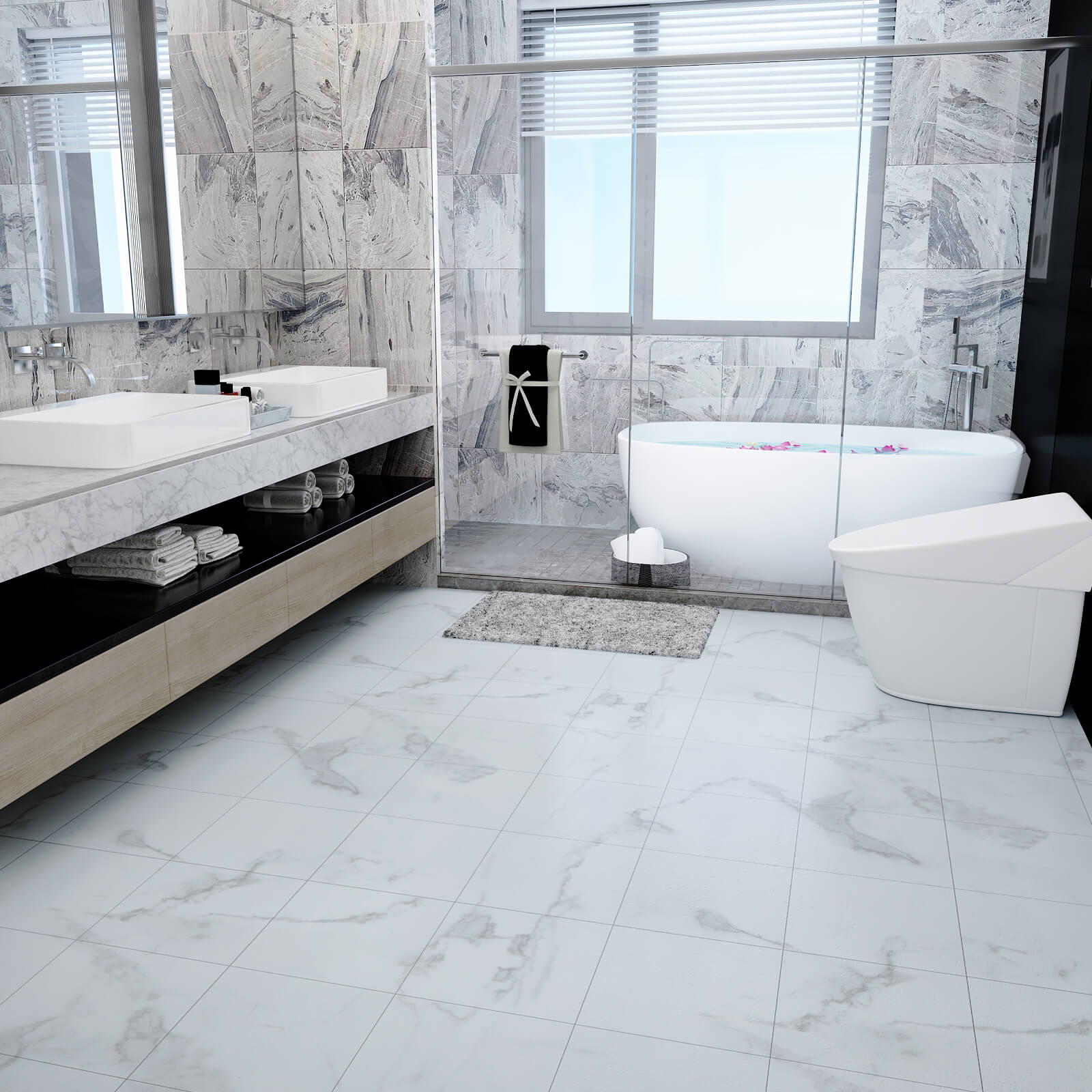     waterproof-white-marble-tile-stick-on-bathroom-floor