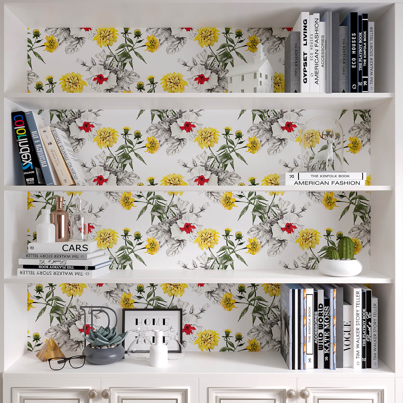    yello-and-white-floral-wall-wrap-for-book-shelves-glue-free
